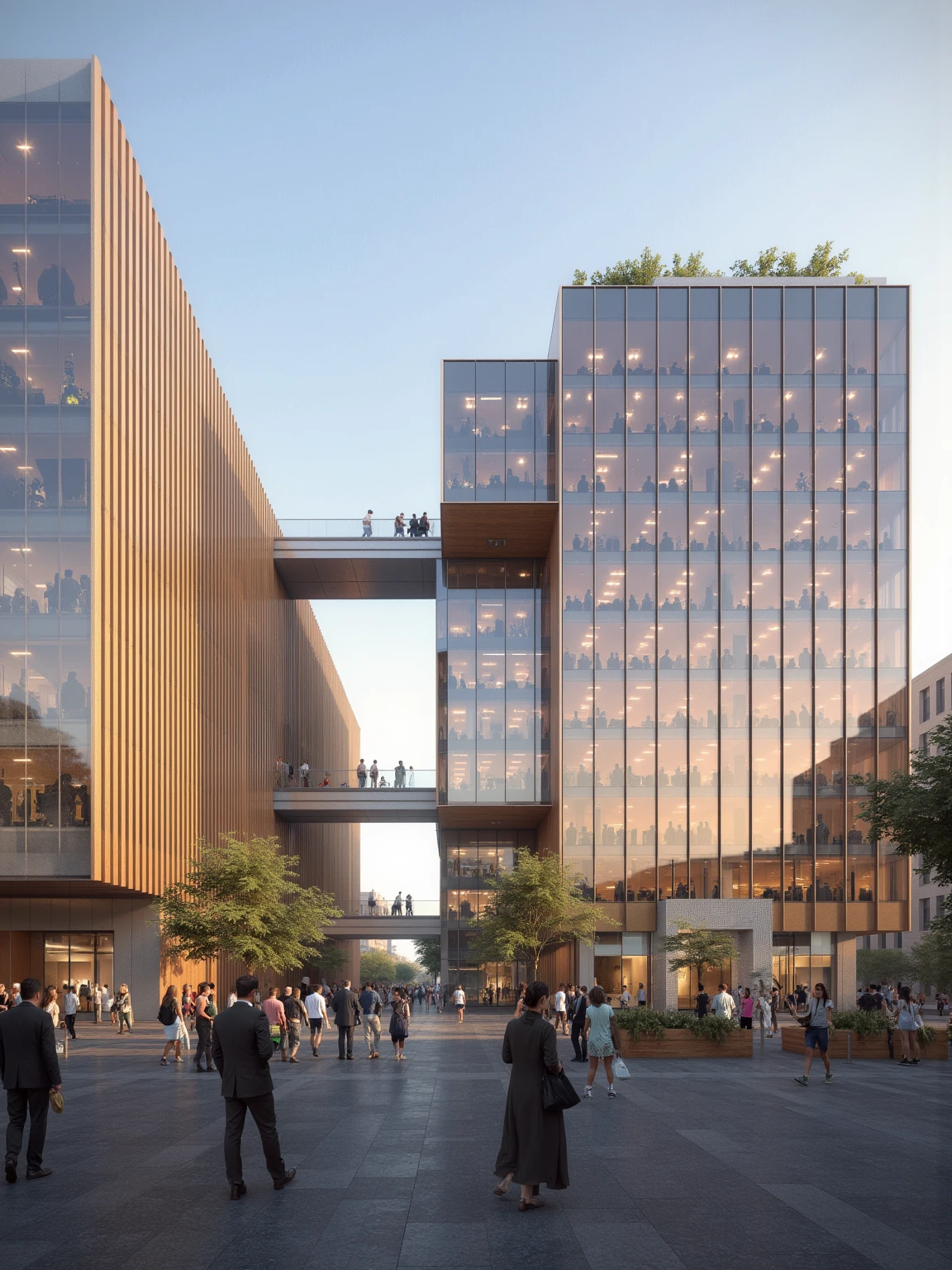 a modern architectural marvel,showcasing the interplay of light and shadow across its facade. The building's design is characterized by two distinct sections: one section is constructed with vertical wooden panels,while the other is covered in reflective glass that mirrors the surrounding environment. These contrasting materials create a dynamic visual effect as the sunlight shifts throughout the day.,
As the sun rises or sets,the reflection on the glass surface changes,casting varying hues of light onto the wooden panel section. This creates a captivating play of colors and textures,emphasizing the building's sleek and contemporary aesthetic.,
In addition to its striking exterior,the building features a series of terraces and walkways that invite exploration. These elements not only enhance the structure's functionality but also contribute to its overall appeal,making it a landmark within its urban setting.,
Throughout the video,several individuals can be seen walking around the building,adding a sense of scale and liveliness to the scene. Their presence suggests that this architectural masterpiece serves as a hub for activity and interaction,further highlighting its significance as a central feature in the cityscape.,