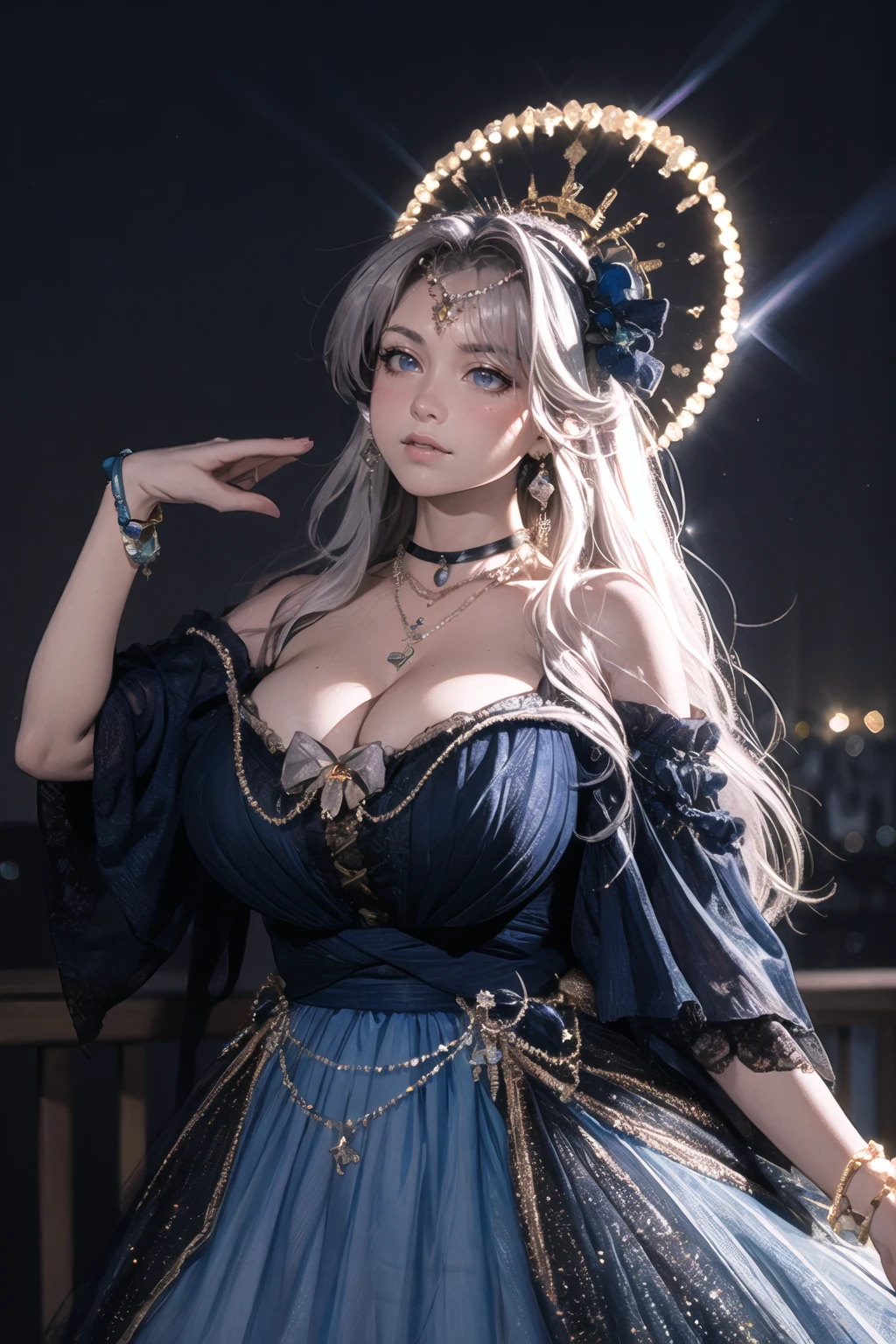 (masterpiece, best quality:1.2),illustration,8k,hd,huge filesize,lens flare,1 girl,very long hair,solo,cldqz,dress,blue dress,hair ornament,bracelet,jewelry,choker,bracelet,bow,necklace,(silver hair:1.1),huge breasts,(cleavage:1.2),bouncing breasts,day,extremely detailed dress,sky,crystalstexture skin,areola,nipples,off shoulder,<lora:killerè¸é¨å¤§å°è°èå¨v2-02:0.65>,