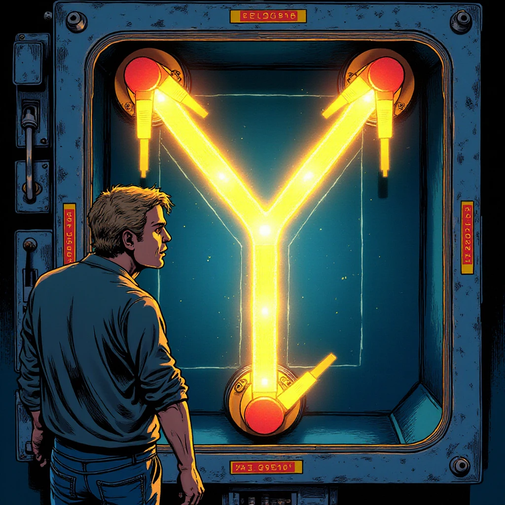 A comic book illustration of a man showing a flux42 machine inside the machine there is a Y shape glowing <lora:flux42:1>