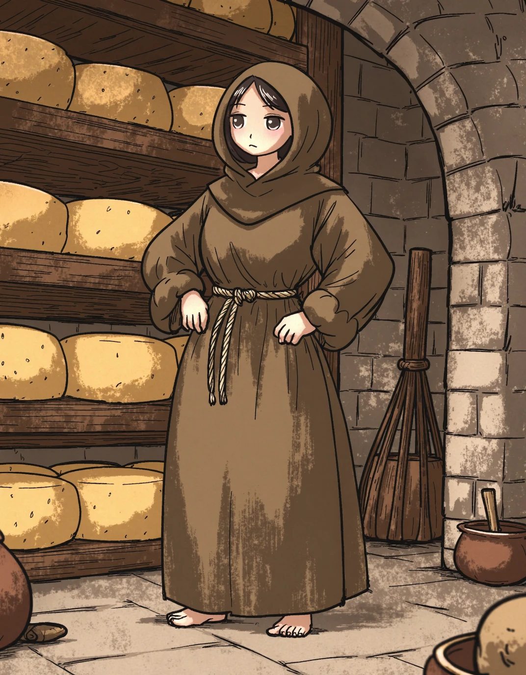 A cartoon of a girl stands in a monastery cellar, wearing a simple brown monkâs robe that drapes loosely over her frame. The robe, made of coarse fabric, is cinched at the waist with a plain rope belt, its knot tied neatly at her side. Her sleeves are rolled up slightly, revealing her forearms as she works with quiet focus. The earthy tones of her outfit blend seamlessly with the stone walls and wooden shelves filled with aging cheese,