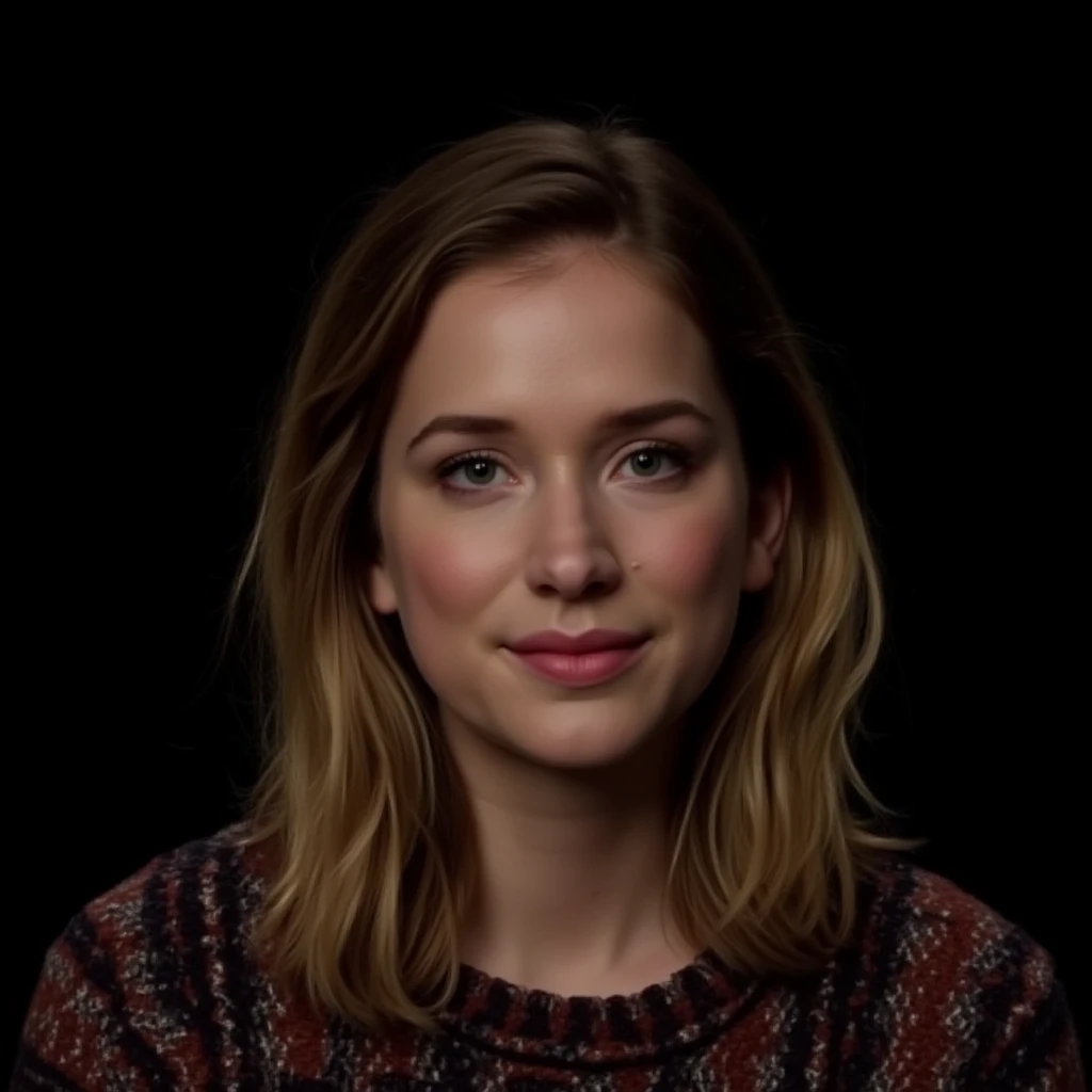 A closeup portrait photo of a woman with medium length hair who gazing directly at the camera with a neutral expression. She is wearing a multicolored knitted sweater against a dark background. Spotlight illumination. ,<lora:elilail_flux_1_standard_v2-000019:1>