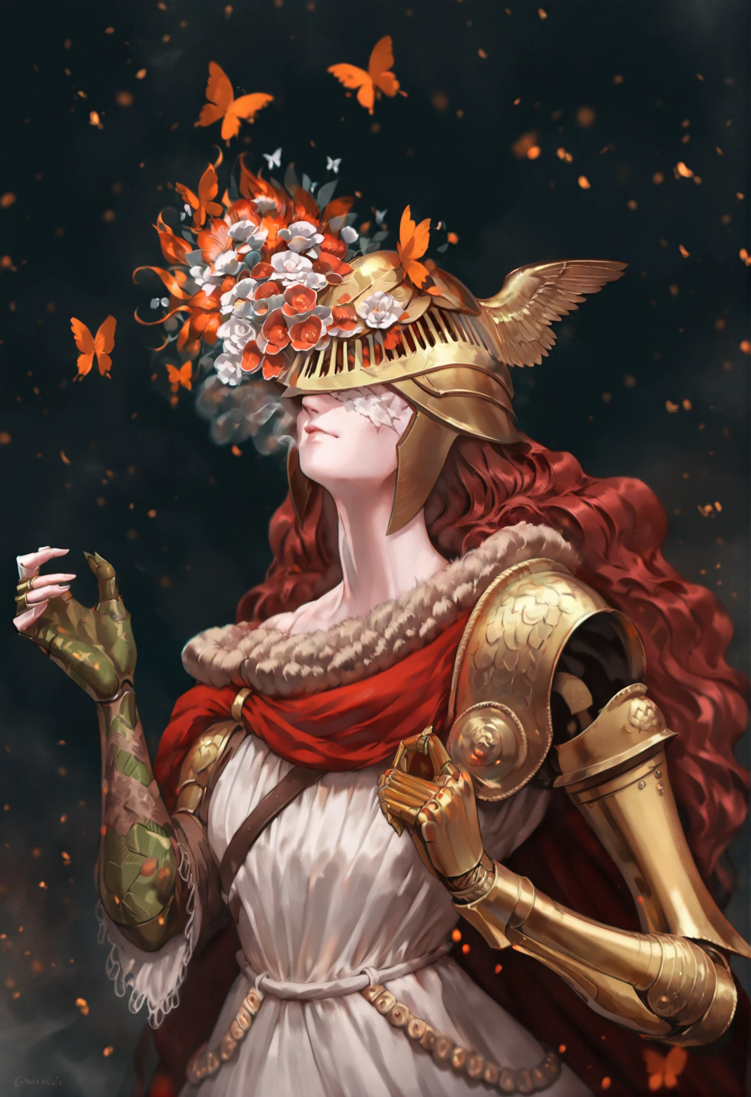 masterpiece, best quality, malenia blade of miquella, 1girl, prosthetic arm, solo, covered eyes, prosthesis, winged helmet, red cape, red hair, helmet, butterfly, single mechanical arm, long hair, bug, mechanical arms, flower, dress, cape, scar, closed mouth, very long hair, simple background 
 <lora:mineoXLlokr4f-000176:0.95>