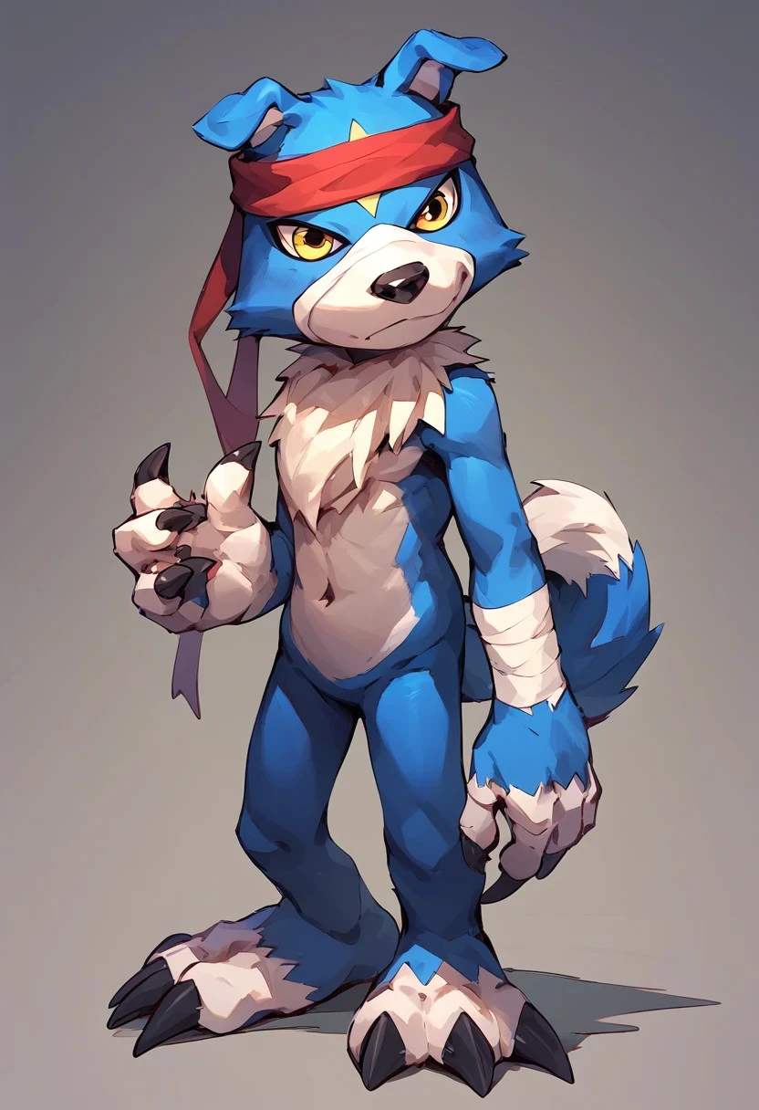 gaomon (character), digimon (creature), dog boy, blue body, (bare hands), headband, yellow eyes, anthro, score_9, score_8, score_7_up, score_6_up, solo, standing, full body, 4 fingers, (claws), bandages,