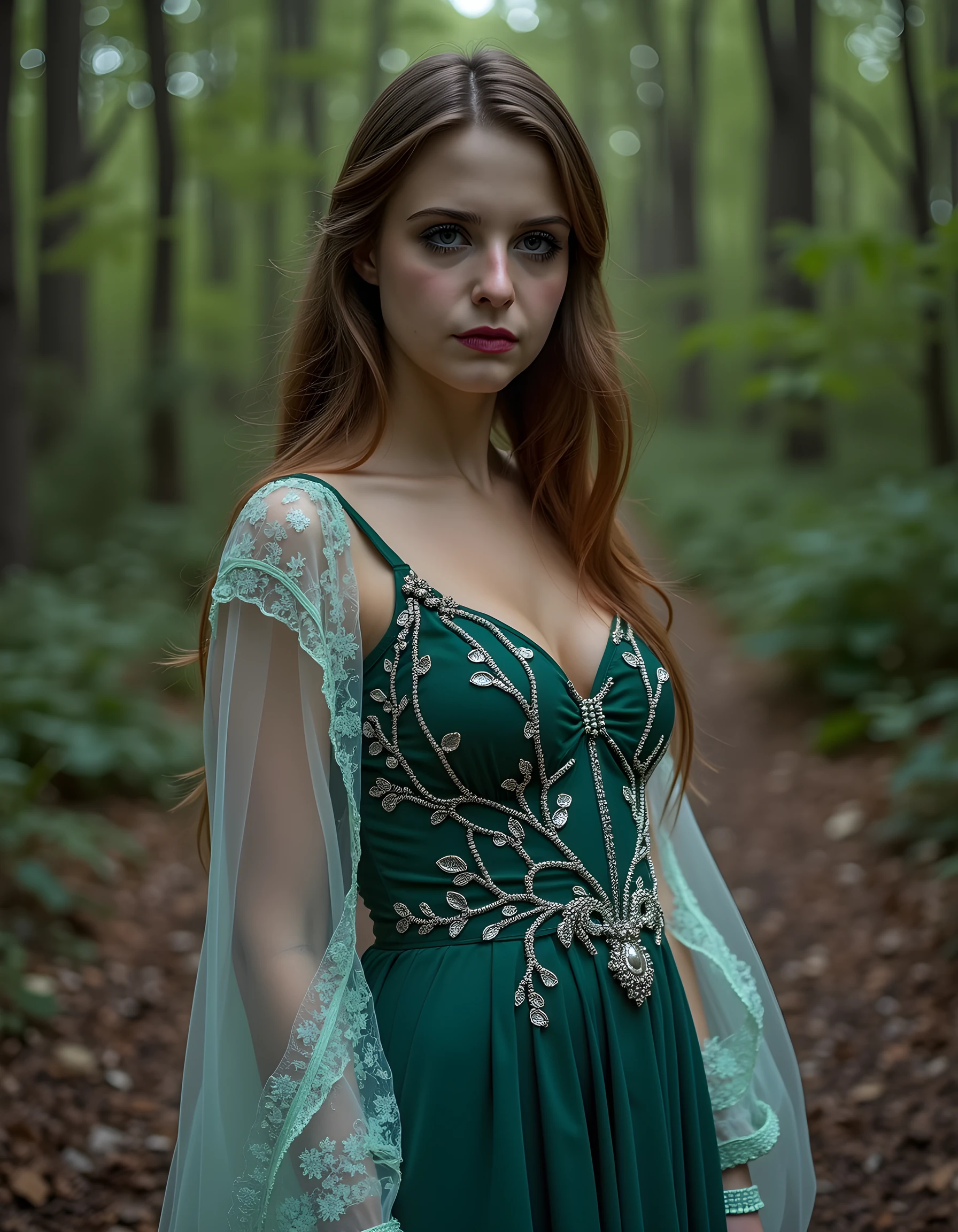 body shot, fair complexion, gorgeous voluptuous vampire woman around 19 years old, curvaceous body, cleavage, thin waist, thick large hips, walking in the forest, natural white hair, green eyes, wearing kohl, graceful, wearing high heels, short skirt, beautiful, candlelight in a medieval setting, ultra sharp focus, realistic shot, medieval female clothes, tetradic colors (scar:1.4)