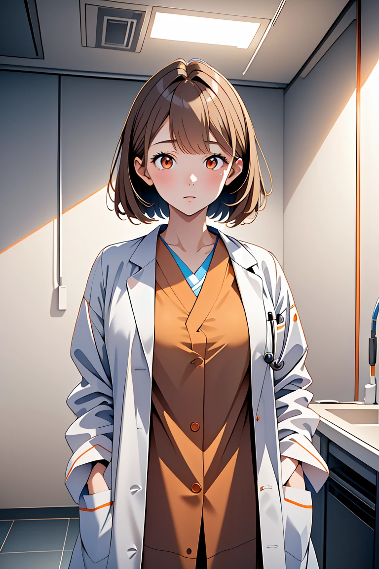 (RAW photo, best quality,facing the viewer,from front), operating room, overhead surgical light,blurred background, focused, dithering,backlighting,
 <lora:3dcc_Kimo_Tsunoda_V1.0:0.65> 3dcc, kimo tsunoda, 1girl, solo, light brown hair, orange eyes,
 <lora:DW_PG_Doctor_LabcoatOverScrubs1_1:0.8> labcoat and scrubs, 1girl, solo, looking at viewer, stethoscope,