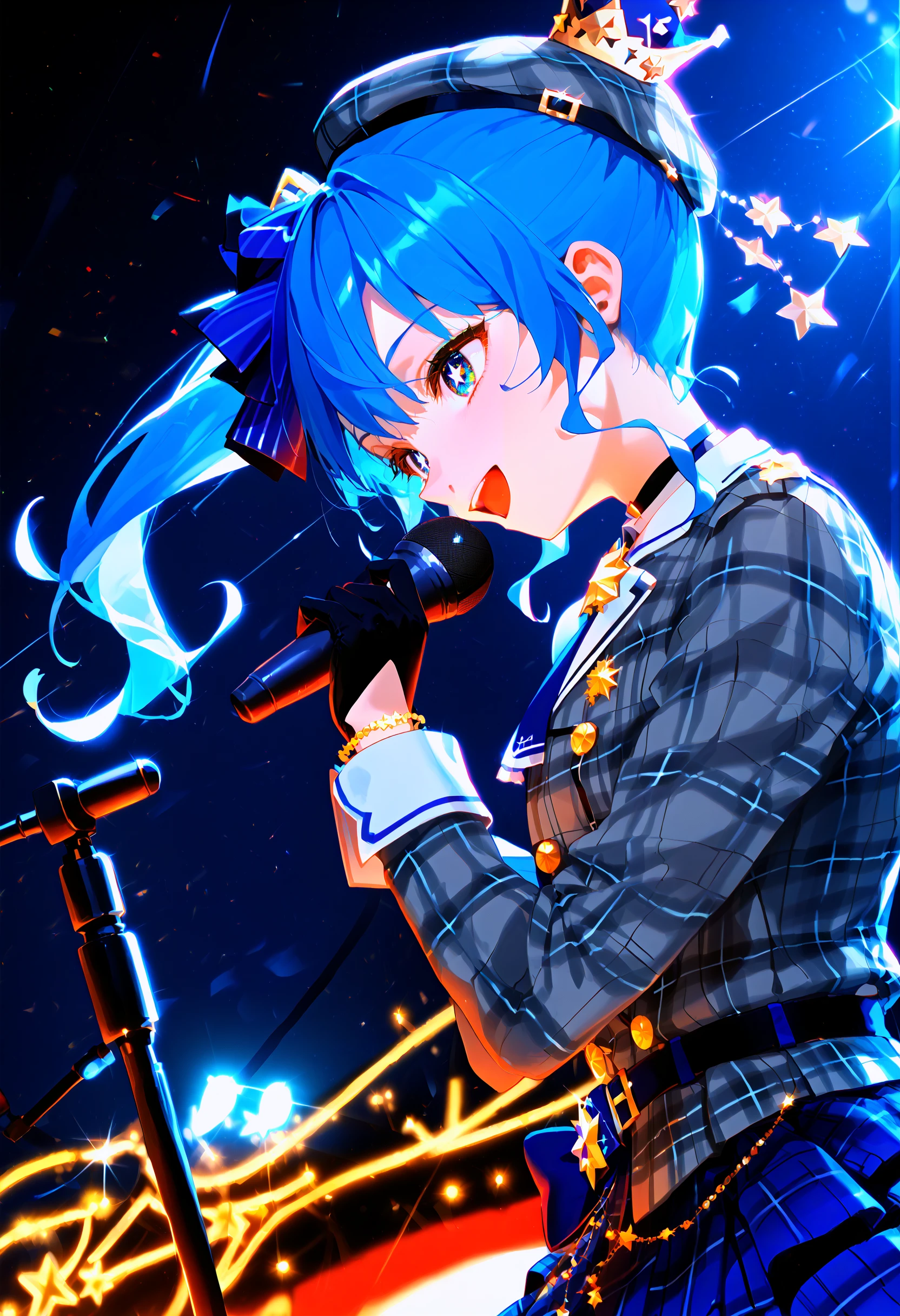 hoshimachi suisei, hoshimachi suisei \(1st costume\), 1girl, virtual youtuber, blue hair, blue eyes, plaid headwear, black gloves, beret, partially fingerless gloves, grey headwear, star \(symbol\), side ponytail, plaid jacket, blue skirt, grey jacket, medium hair, sidelocks, plaid skirt, 
solo, colorful, symbol-shaped pupils, + +, dark, blue theme, split theme, spot color, indoors, stage lights,
close-up, dutch angle, 
open mouth, from side, microphone, holding microphone stand,
score_9, score_8_up, score_7_up, score_6_up, source_anime, masterpiece, best quality, very aesthetic
<lora:eye_focus_lora_v1:1>
<lora:hololive_allmems_dora_v1:1>