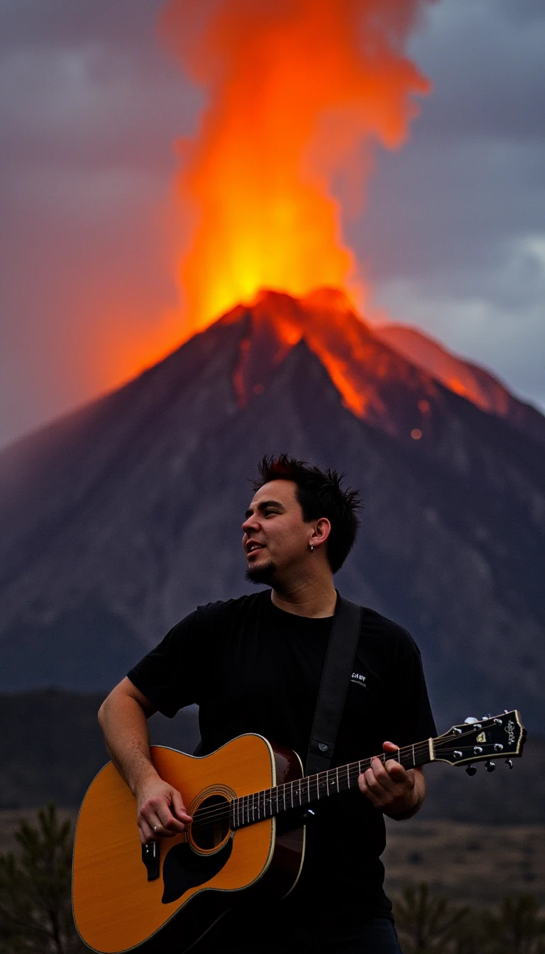 A man plays guitar against the backdrop of an erupting volcano