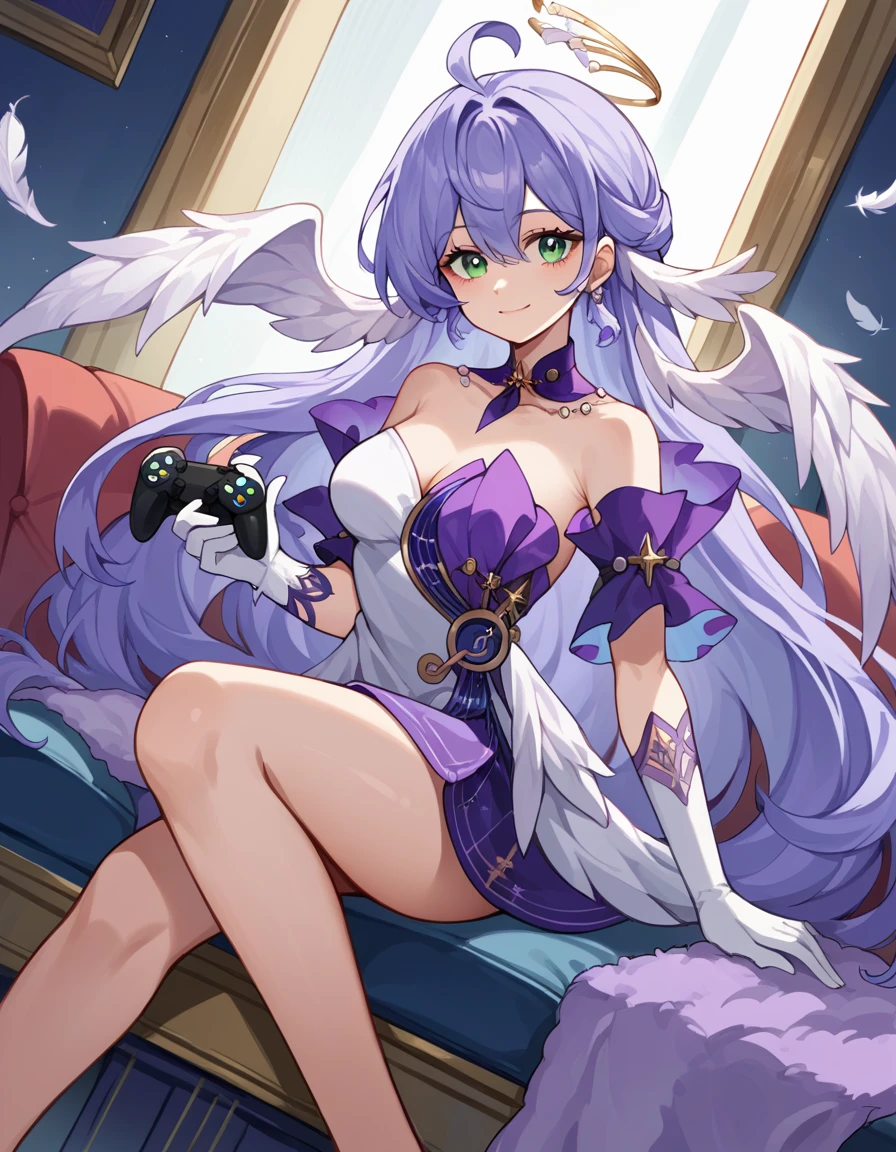 score_9, score_8_up, score_7_up, source_anime, <lora:hsr-robin-ponyxl-lora-nochekaiser:1>, hsr robin, purple hair, ahoge, long hair, very long hair, hair between eyes, feather ears, wings, white wings, green eyes, beads, hair intakes, medium breasts,, strapless dress, white dress, purple dress, detached sleeves, white gloves, feather boa, dress, shawl, halo, asymmetrical gloves, jewelry, earrings, purple collar,, living room, video game, controller, competitive, fun, afternoon, smile, looking at viewer, knee bent, hand on knee, arm out to side, solo,, cowboy shot, dutch angle