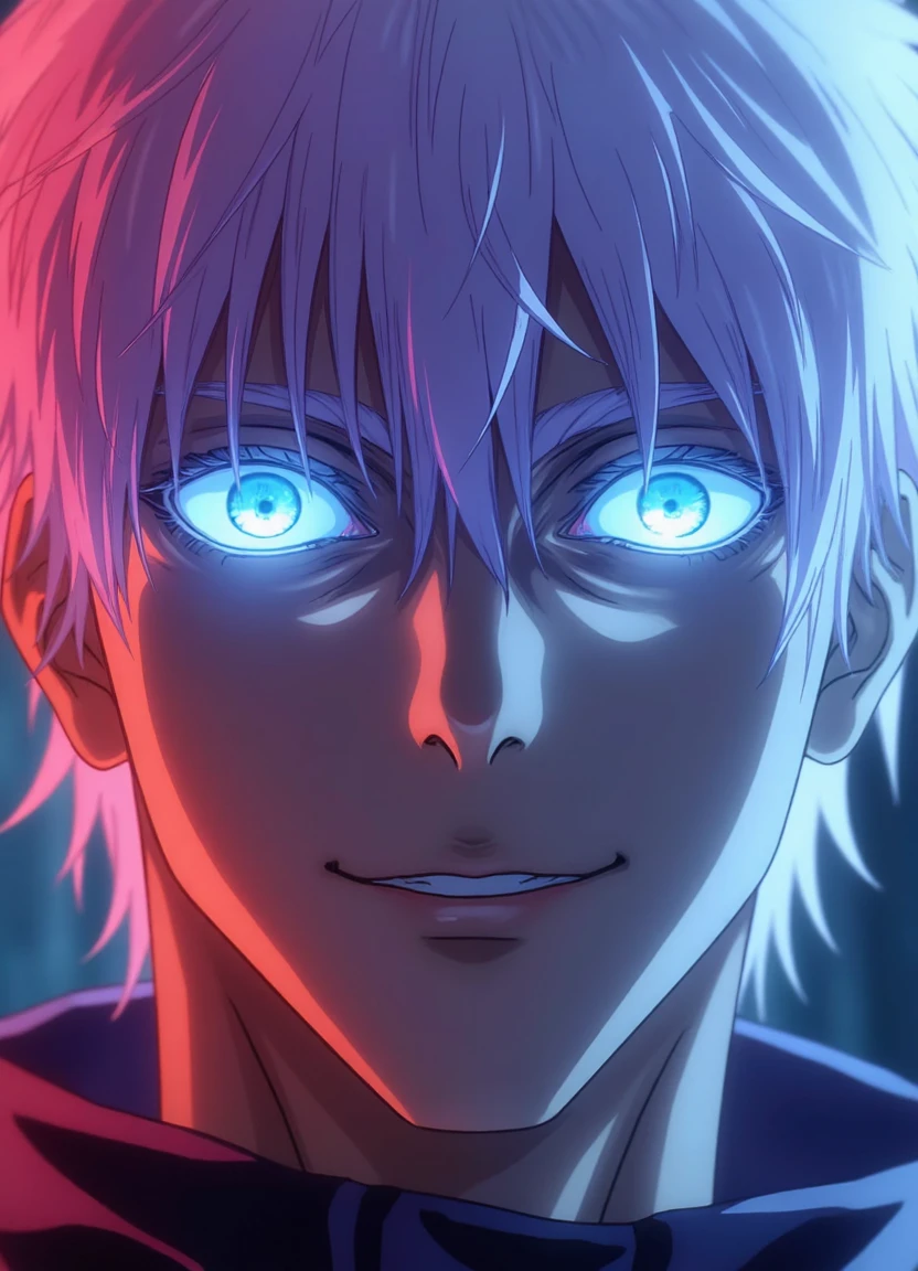 satoru_gojo, close-up photograph of a man with bright blue eyes, smiling. He has white-purple hair. 

Close up on the face and eyes. Red and blue aura in the background with white rays.