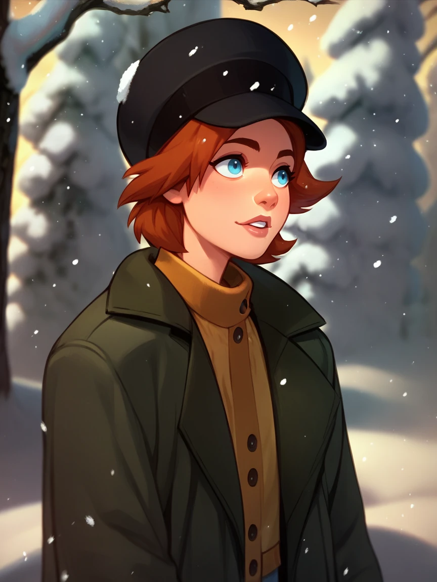 score_9, score_8_up, score_7_up, score_6_up, score_5_up, <lora:AnastasiaXLP:1> anastasia, 1girl, orange hair, solo, blue eyes, short hair, hat, jacket, snow, portrait,