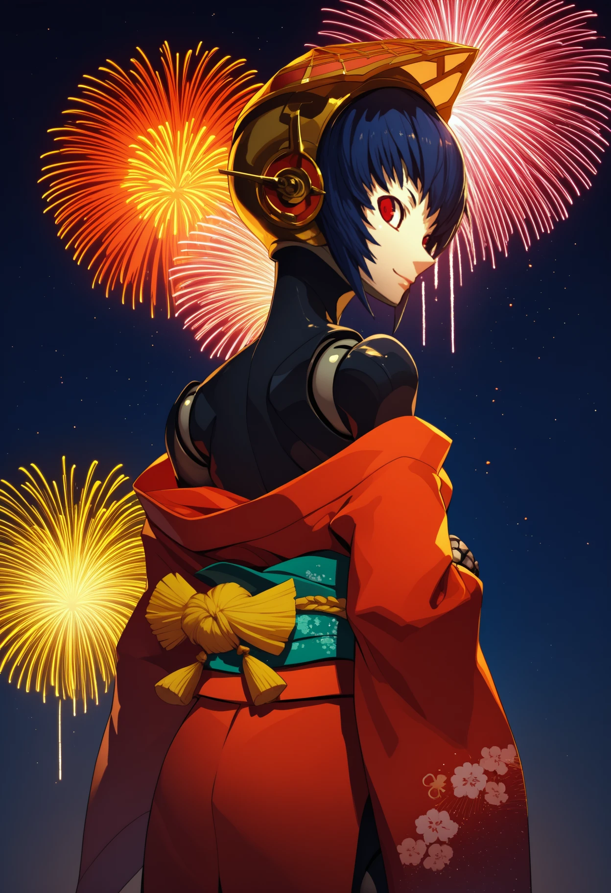 score_9, score_8_up, score_7_up, source_anime, <break> from behind, solo, 1girl, p3metis, android, robot joints, light smile, looking back, helmet, japanese clothes, red kimono, off shoulder, sash, obi, bare shoulders, fireworks
<segment:yolo-face_yolov8m.pt,0.4,0.5//cid=1>