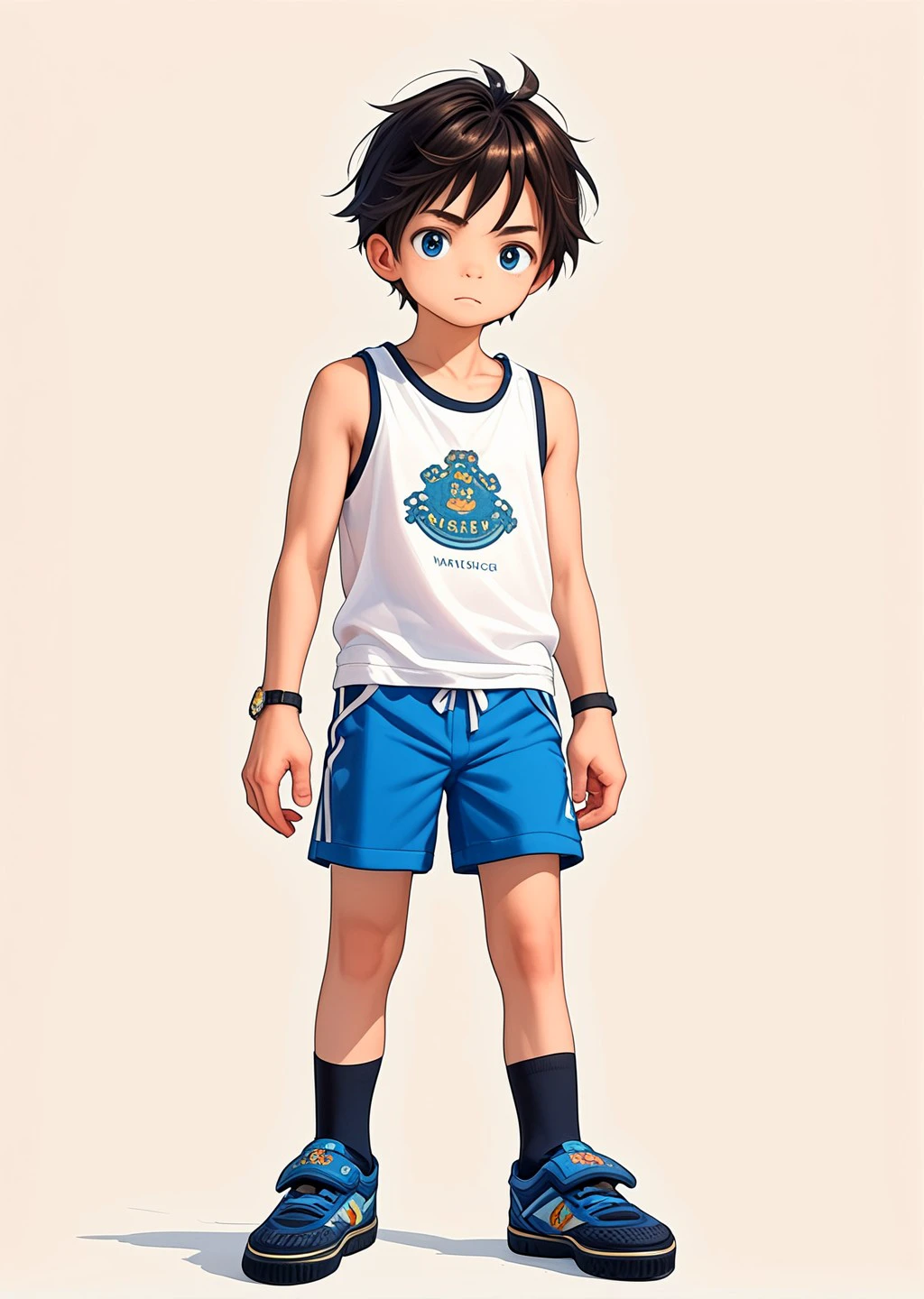 score_9,score_8_up,score_7_up,score_6_up,masterpiece,1boy,solo,japanese,sxzs \(shoes\),shorts,socks,tank top,<lora:sxzs>,simple background,standing,