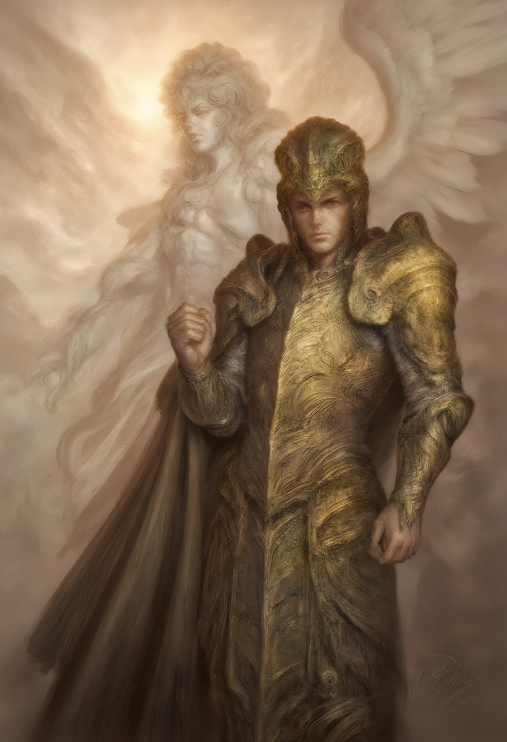 A paladin in a golden armor is standing proud, an archangel behind him