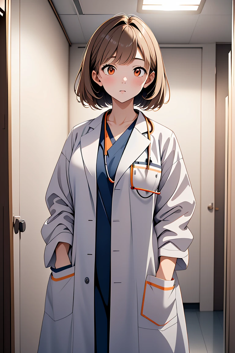 (RAW photo, best quality,facing the viewer,from front), operating room, overhead surgical light,blurred background, focused, dithering,backlighting,
 <lora:3dcc_Kimo_Tsunoda_V1.0:0.65> 3dcc, kimo tsunoda, 1girl, solo, light brown hair, orange eyes,
 <lora:DW_PG_Doctor_LabcoatOverScrubs1_1:0.8> labcoat and scrubs, 1girl, solo, looking at viewer, stethoscope,