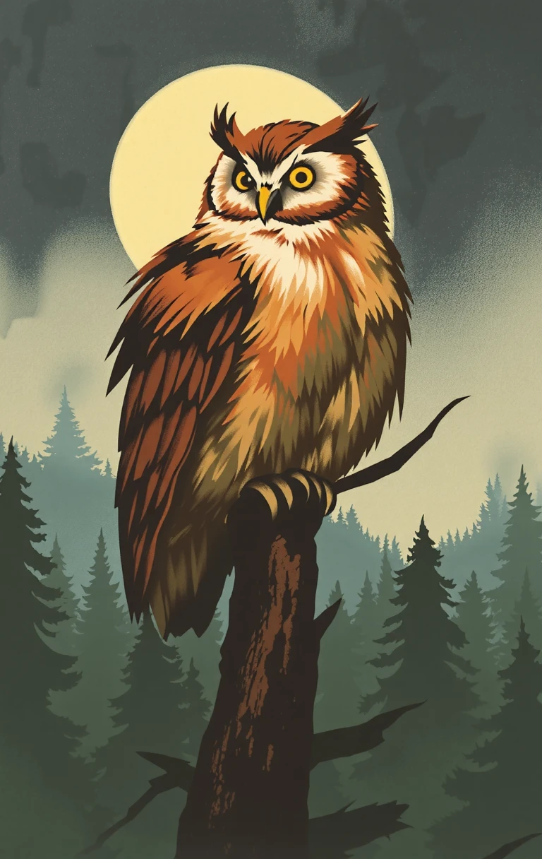 propaganda poster A wise old owl perched on a branch in a misty forest, with glowing eyes and its feathers ruffled by the wind, watching over the landscape below.