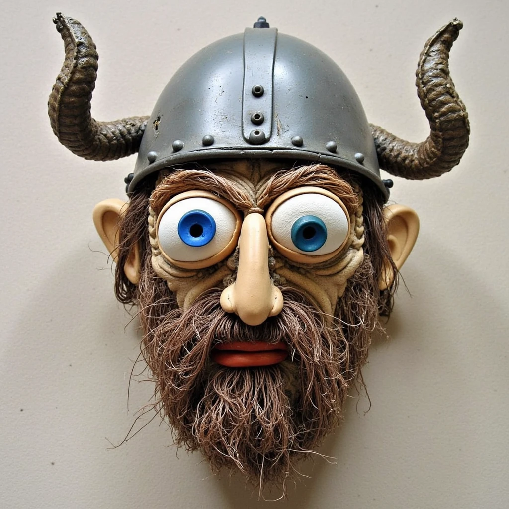 sculpure of funny viking face made of trash and junk, trashart, shallow depth of field