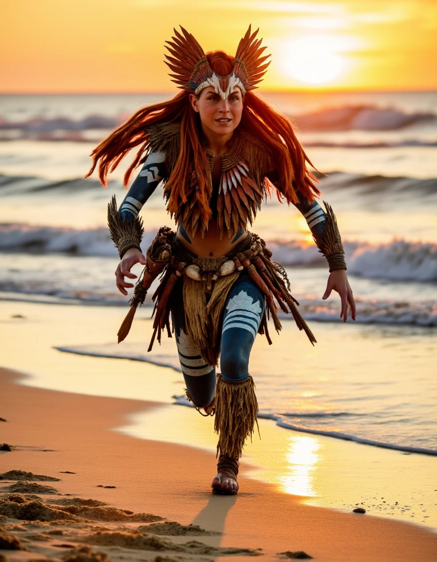 A photo realistic picture of a tribal huntress sprinting across the edge of a beach, her long red hair is tied on multiple braids flowing over her shoulders, her tenakth armor decorated with feathers covering her toned body covered in bodypaint, her heapon rests on her back and shines with the sun as it sets over the horizon 
<lora:Aloy_Forbidden_West:.9>  <lora:detailer_flux_v1:.5>