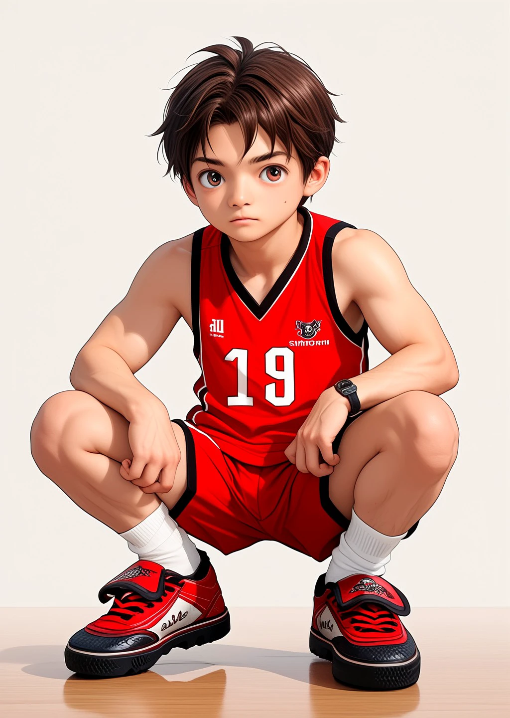 score_9,score_8_up,score_7_up,score_6_up,masterpiece,1boy,solo,japanese,sxzs \(shoes\),red shoe,jersey,sleeveless,shorts,socks,<lora:sxzs>,simple background,squatting,