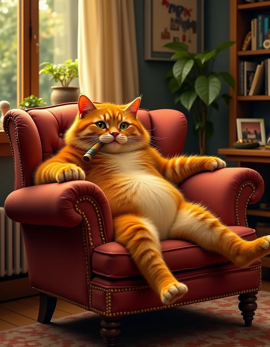 realistic fat red cat comfortably lounging on a plush armchair, a cigar resting lazily in its mouth. A cozy living room with warm colors and quirky decorations creates an inviting atmosphere, rich in detail and charm. A wide-angle digital illustration captures the scene with soft shadows and gentle lighting enhancing the cozy vibe