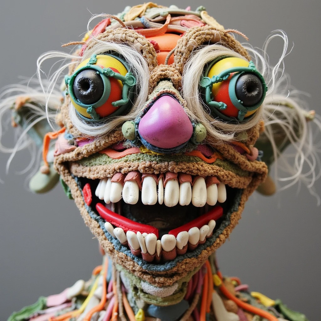 sculpure of funny troll face made of trash and junk, trashart, shallow depth of field