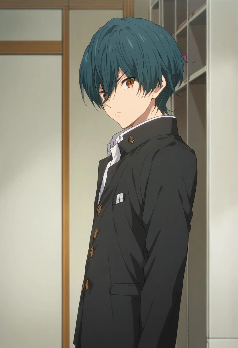 score_9, score_8_up, score_7_up, source_anime, highly detailed, 
ikuya, 1boy, solo, male focus, school uniform, gakuran, standing, aqua hair, brown eyes, looking at viewer, frown
indoor, japanese,