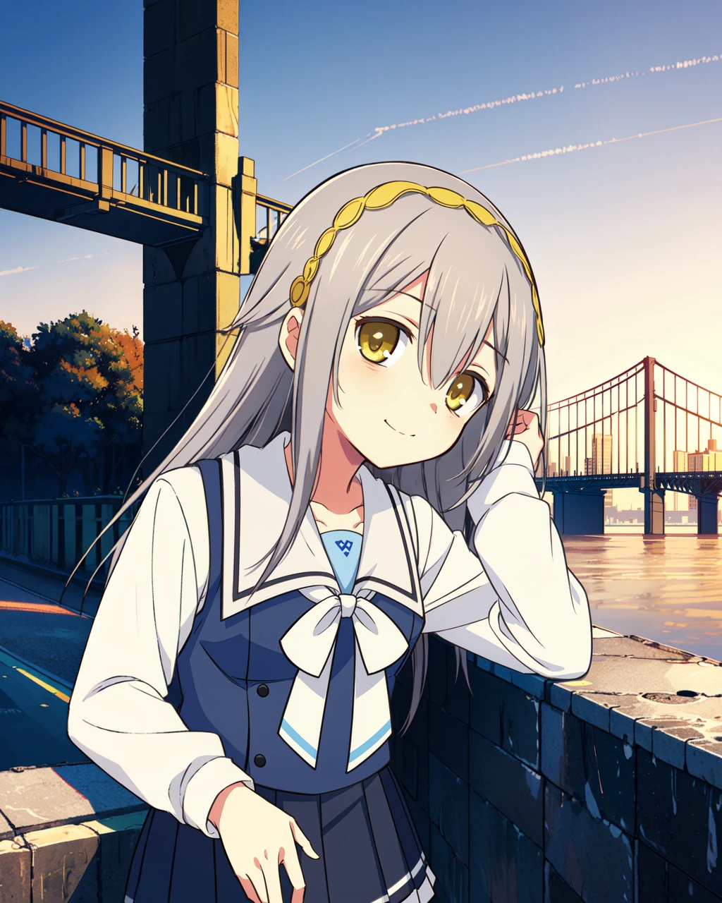 masterpiece, high quality, mgrckurehayuna, 1girl, upper body, medium shot, grey hair, bags under eyes, yellow eyes, yellow hairband, white shirt, blue vest, white bowtie, black pleated skirt, outdoors, city, bridge, leaning forward, side view, light smile, <lora:mgrckurehayuna:0.8>