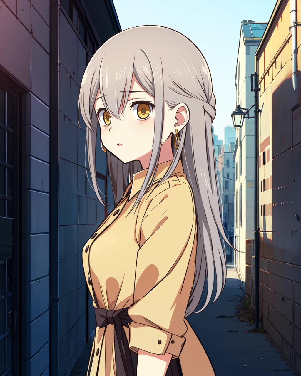 masterpiece, high quality, mgrckurehayuna, 1girl, upper body, medium shot, grey hair, bags under eyes, yellow eyes, earrings, orange coat, brown bow tied belt, outdoors, city, street, side view, surprised, hand in hair,  <lora:mgrckurehayuna:0.8>