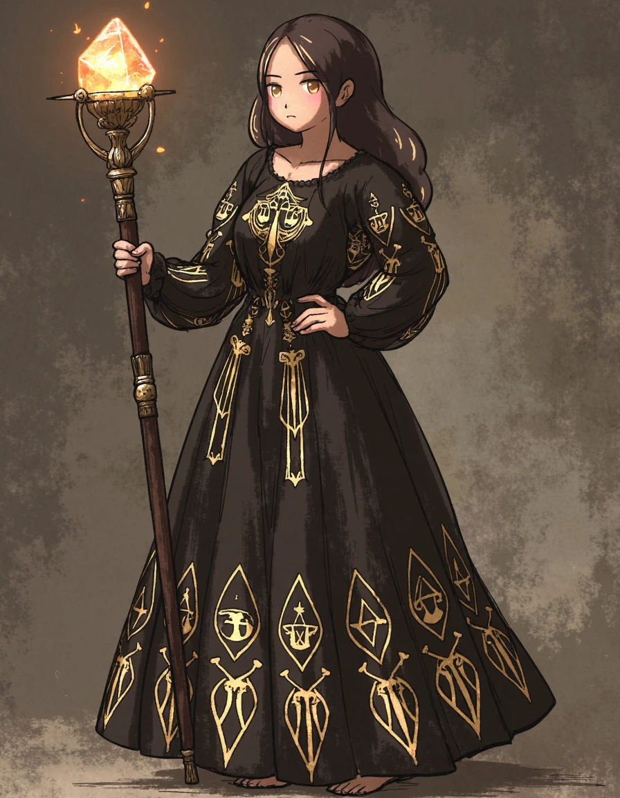 A girl mage stands in a flowing black dress adorned with intricate gilded runes. She grips a staff topped with a raw, glowing gemstone. The runes shimmer faintly, echoing the gem's ethereal light, casting an aura of mystic power around her as she gazes ahead with intense focus.