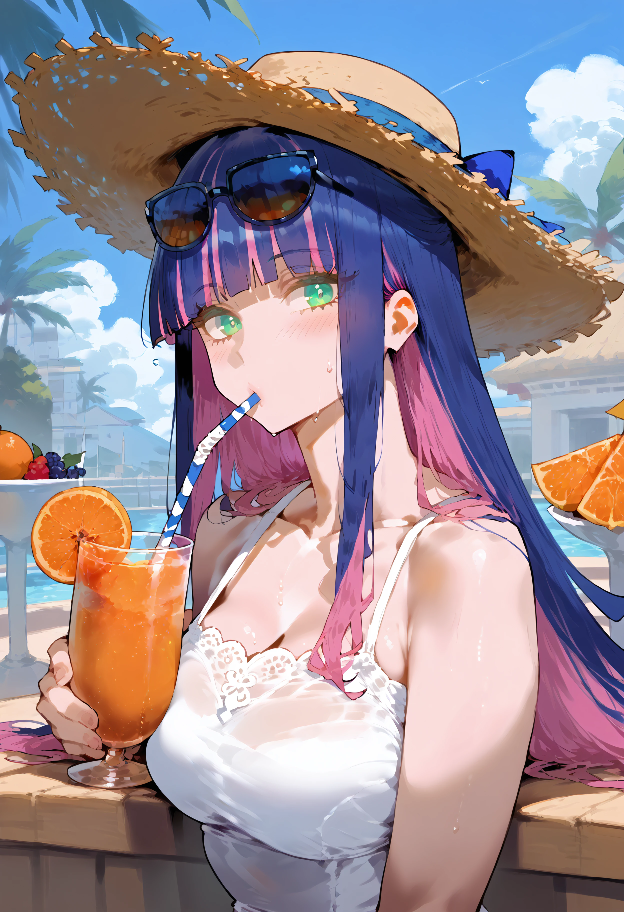 score_9, score_8_up, score_7_up, best quality, source_anime BREAK, 1girl, colored inner hair, straw hat, multicolored hair, drinking straw in mouth, long hair, pink hair, eyewear on head, looking at viewer, stocking (psg), sunglasses, two-tone hair, crazy straw, blue hair, blunt bangs, cup, food, flower, orange (fruit), upper body, tropical drink, bare shoulders, drinking glass, sun hat, eyelashes, orange slice, green eyes, white dress, from side, collarbone, outdoors, blush, sweatdrop, sweat, <lora:EroticNansensu:1>,