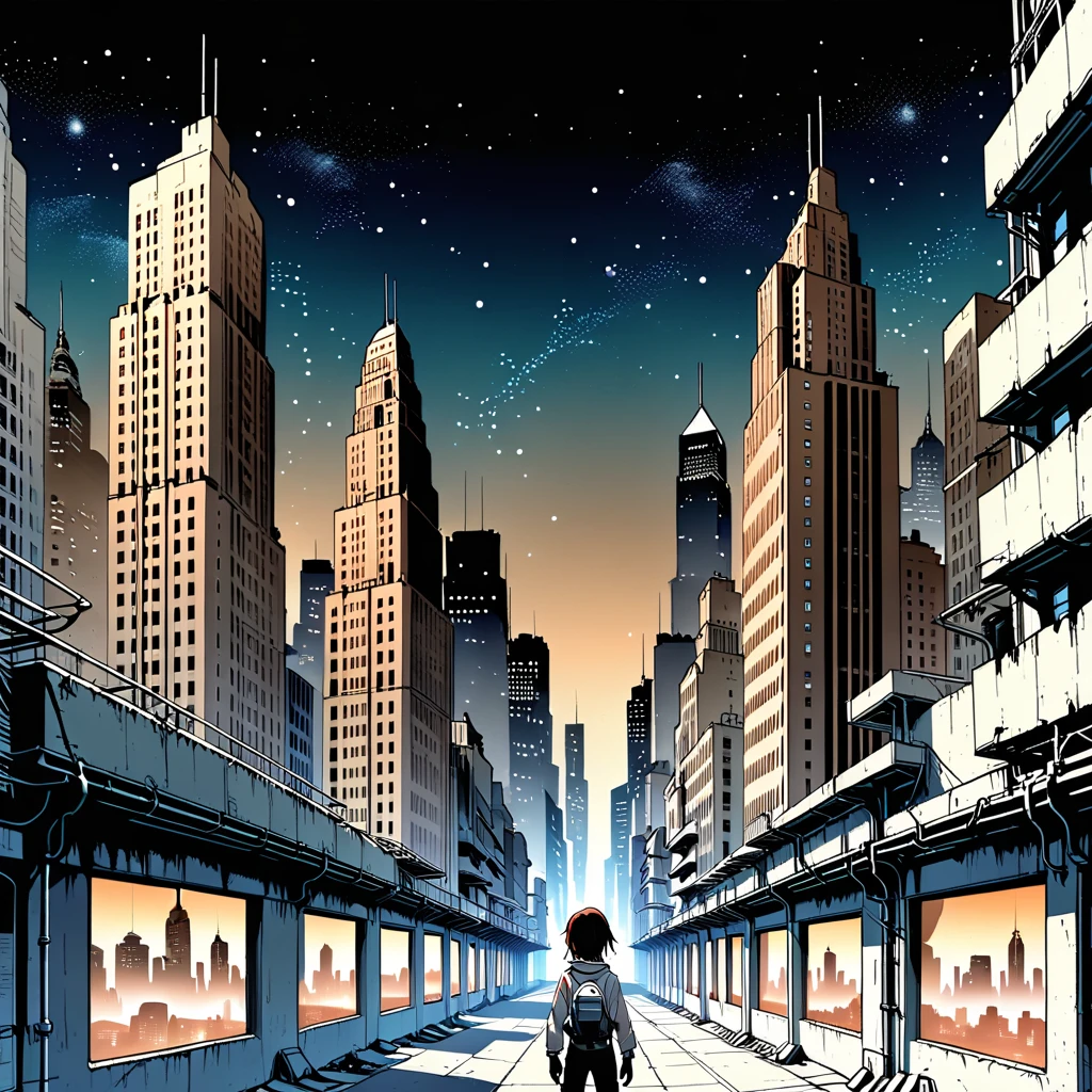 brown eyes, manga (object), city, poster (object), american flag, no humans, building, scenery, looking at viewer, space