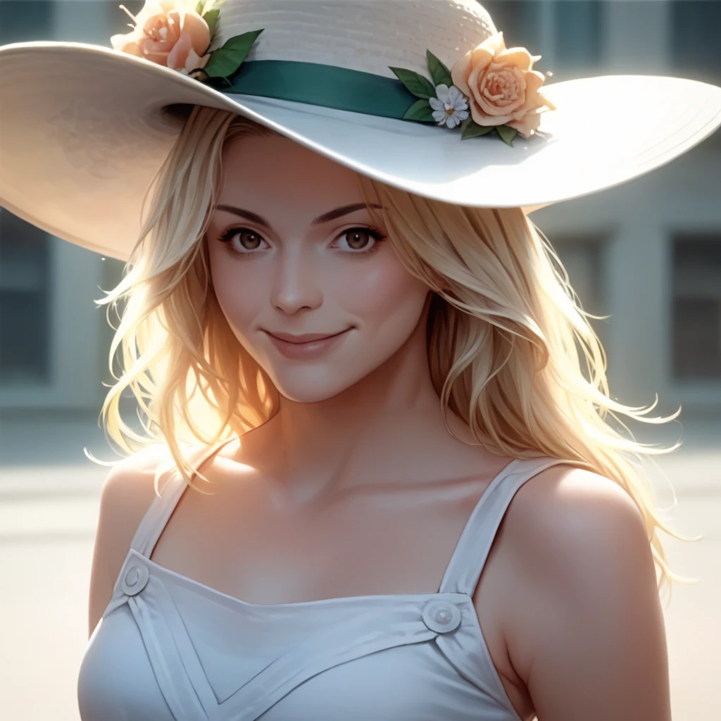 score_9, score_8_up, score_7_up, source_anime, solo, professional photograph of Calisto woman, up close, blonde, long hair, bangs, posing on the streets of Venice, italian city with water canals, modern day, sunny day, warm lighting, she's wearing a nice sundress, a panama hat, looking at the viewer, smiling <lora:Callisto Pony-000008:1>