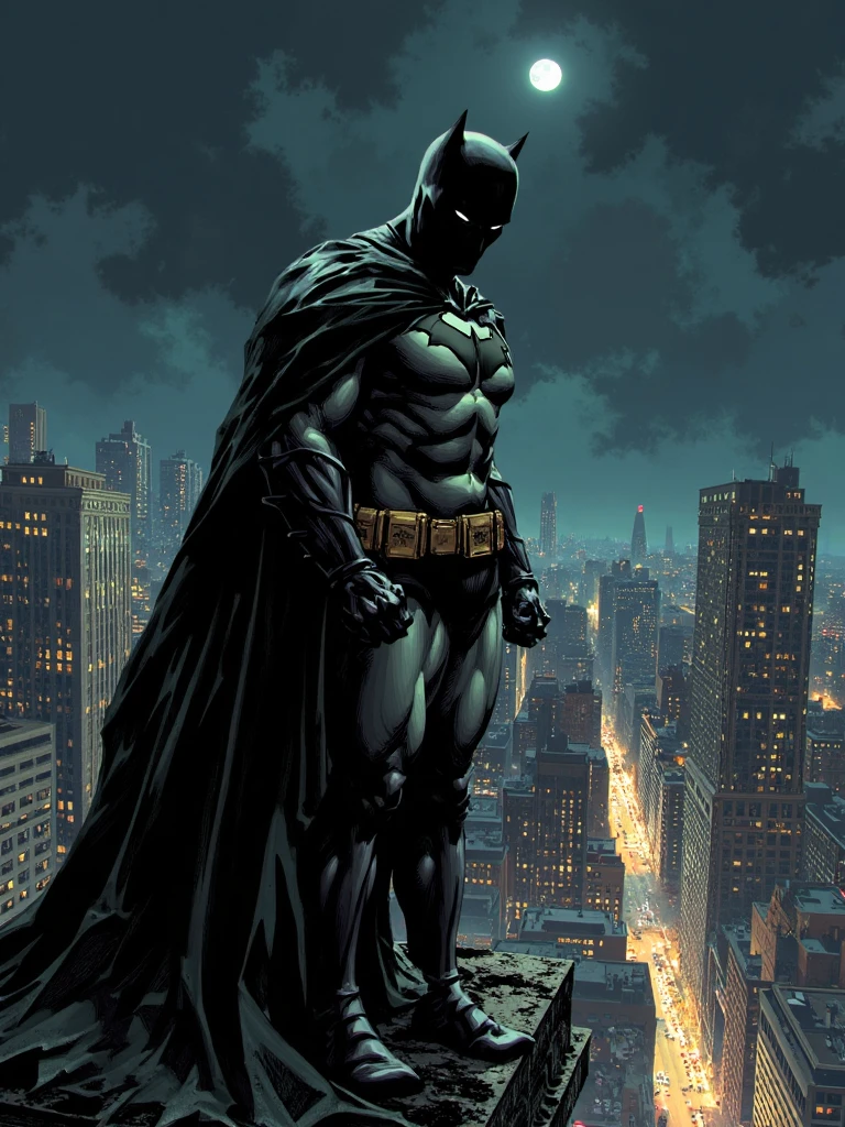 kaelngu style, comicbook illustration, the main subject is batman, batman standing on highest skyscraper rooftop, he is surrounded by shadows and his cowl making his face completely black with only two white visible, he is wearing armored suit and long torn windblown cape that covering his whole body right from the shoulders, street dimly light with car lights down below, dark noire atmosphere, black sky, moonlight, chromatic aberration  <lora:SXZ_Kael_Ngu_Flux:1>