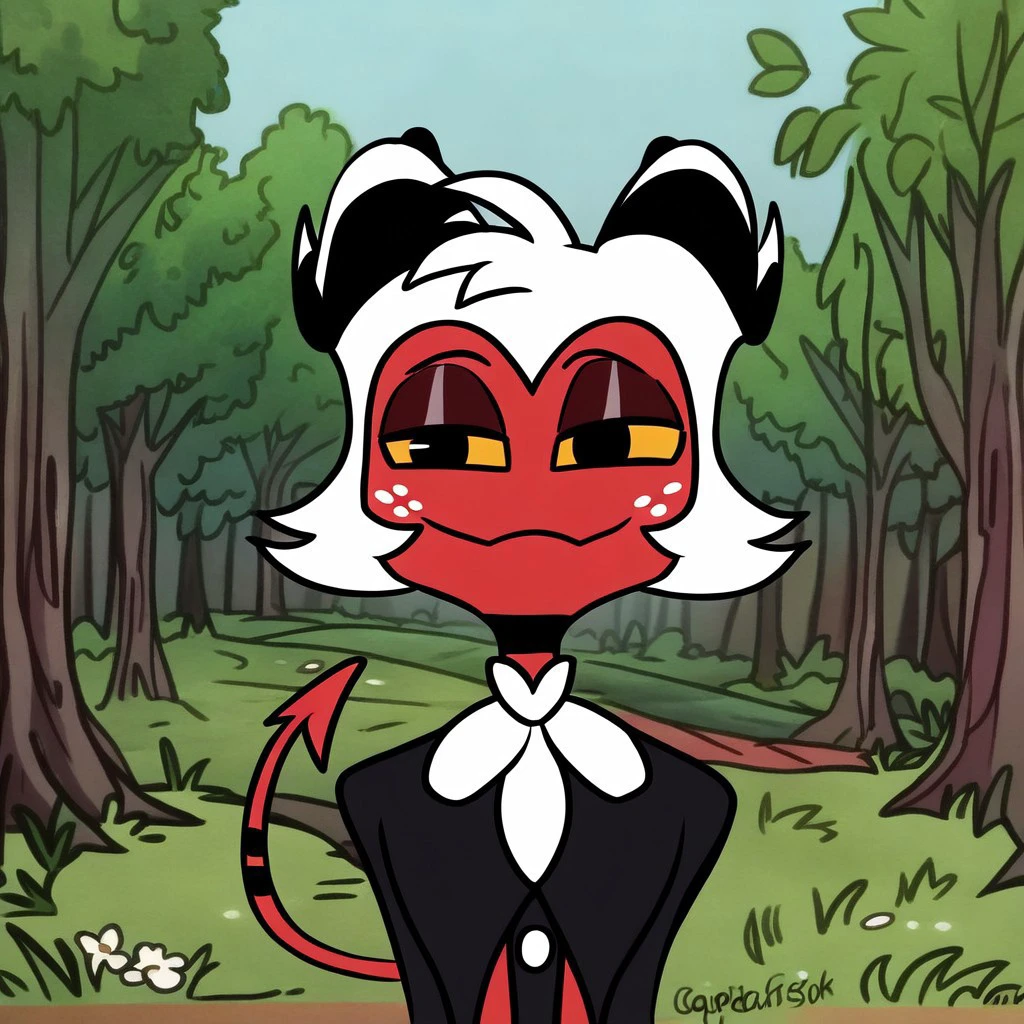 Moxxie[Hellvua], Mox[Hellvua], short white hair, red body, imp, demon, tail, demon tail, black and white horns, yellow sclera, white freckles, black pupils, pointed tail, (male anthro demon:1.3).  Solo, alone, by himself, 1boy, male.  clothing, clothed, dressed, white shirt, shirt, white shirt, mid waisted slacks, grey mid waisted slacks, mid waisted dress pants, grey mid waisted dress pants, black coat, long black coat, 1920s coat, 1920s black coat.  thin, skinny body, skinny, thin body, twink, twink body, skinny body, skinny, (muscle:1.47), (twink body:1.7), (red body:1.1).  HD, digital painting, digital art, masterpiece.  Headshot, head focus, close to face, closeup, bustshot.  Happy emotion, happy.   outside, forest, trees, woods, grassy floor, grassy, (outside:1.4)  HD, digital painting, digital art, masterpiece ((bust portrait)), digital drawing (artwork), digital media (artwork), hi res. sparkibarki, Cartoony, Cartoon like, cutesy style, furry, furry art,