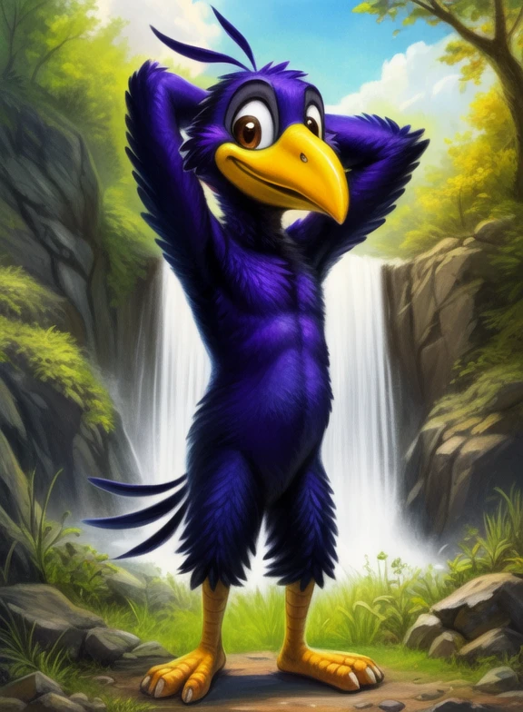 <lora:RudiRudTrudYif:0.8> RudiRudTrud, raven, bird, dark blue feathers, orange paws, dark brown eyes, beak, ( chibi, baby, nude, naced, )
[  (nature), forest, day, clouds, waterfall,  smile,]  (Hands on hips, standing, hand behind head,)
(beautiful, aesthetic, perfect, delicate, intricate, saturated colors), masterpiece, digital drawing, best quality,
[by kenket|by totesfleisch8], by thebigslick:by silverfox5213:0.8], [by syuro, by paloma-paloma::0.2, (Tricksta, TotesFleisch8)