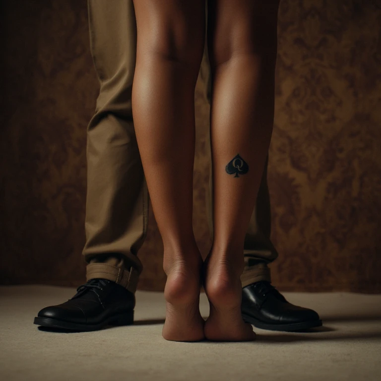 A high-resolution raw photo, of a cinematic and intense scene, up close shot, back view of womans feet standing on tips of toes, fully clothed male legs and shoes behind the female feet, view of legs of black man and woman kissing, tattoo of spade with q in it on ankle, sexy, The overall color palette should include vivid colors, sharp, vibrant image with a wide depth of field.