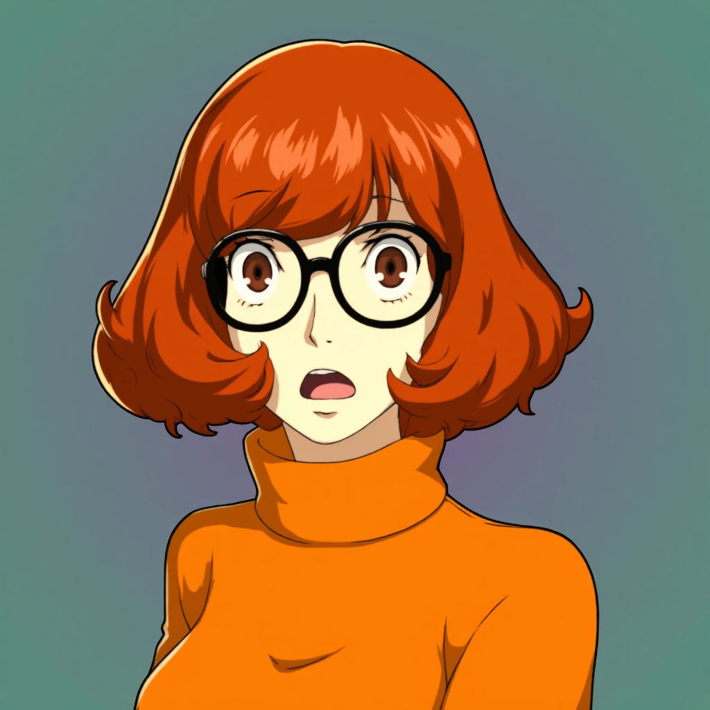 <lora:Persona5-Guy90-Flux-V1:1>, persona5 style, a digital drawing in a stylized anime art style, a simple background, a portrait of Velma Dinkley from scooby doo. She is scared. She is wearing a orange turtle neck sweater and glasses.