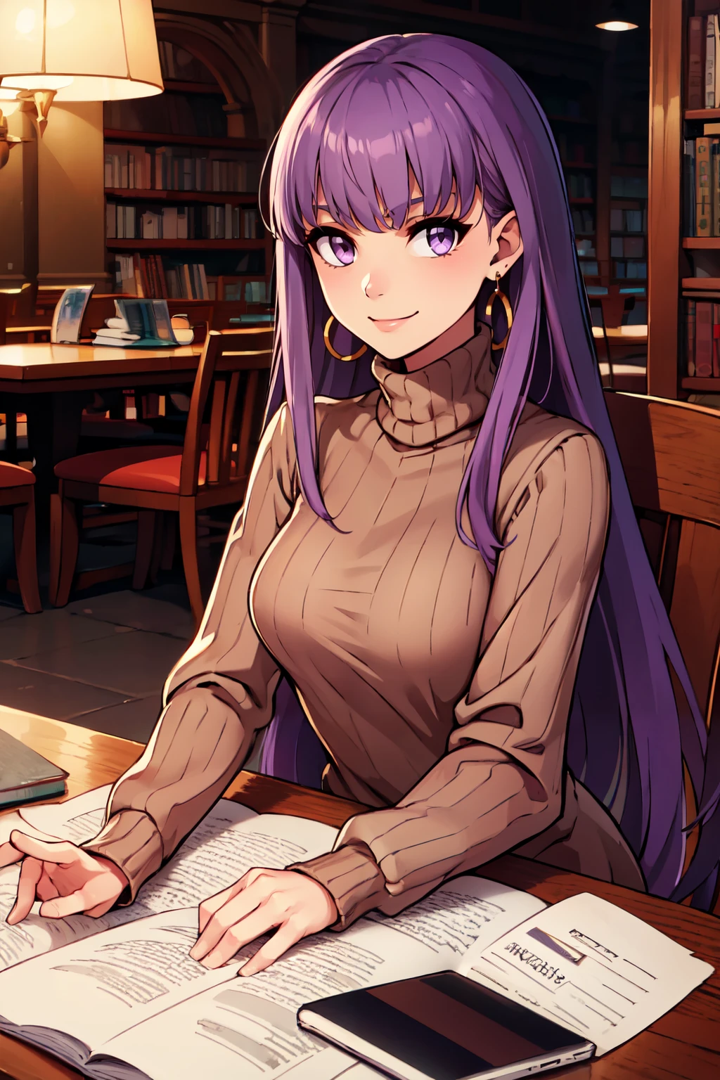 ((masterpiece,best quality)), absurdres,  BREAK, , <lora:Bb_Fgo:0.7>,  zzBB, long hair, purple hair, purple eyes, bangs, very long hair,  , BREAK, turtleneck sweater, earrings, library, cup of coffee, sitting at table, BREAK, solo, smile, looking at viewer, cowboy shot,