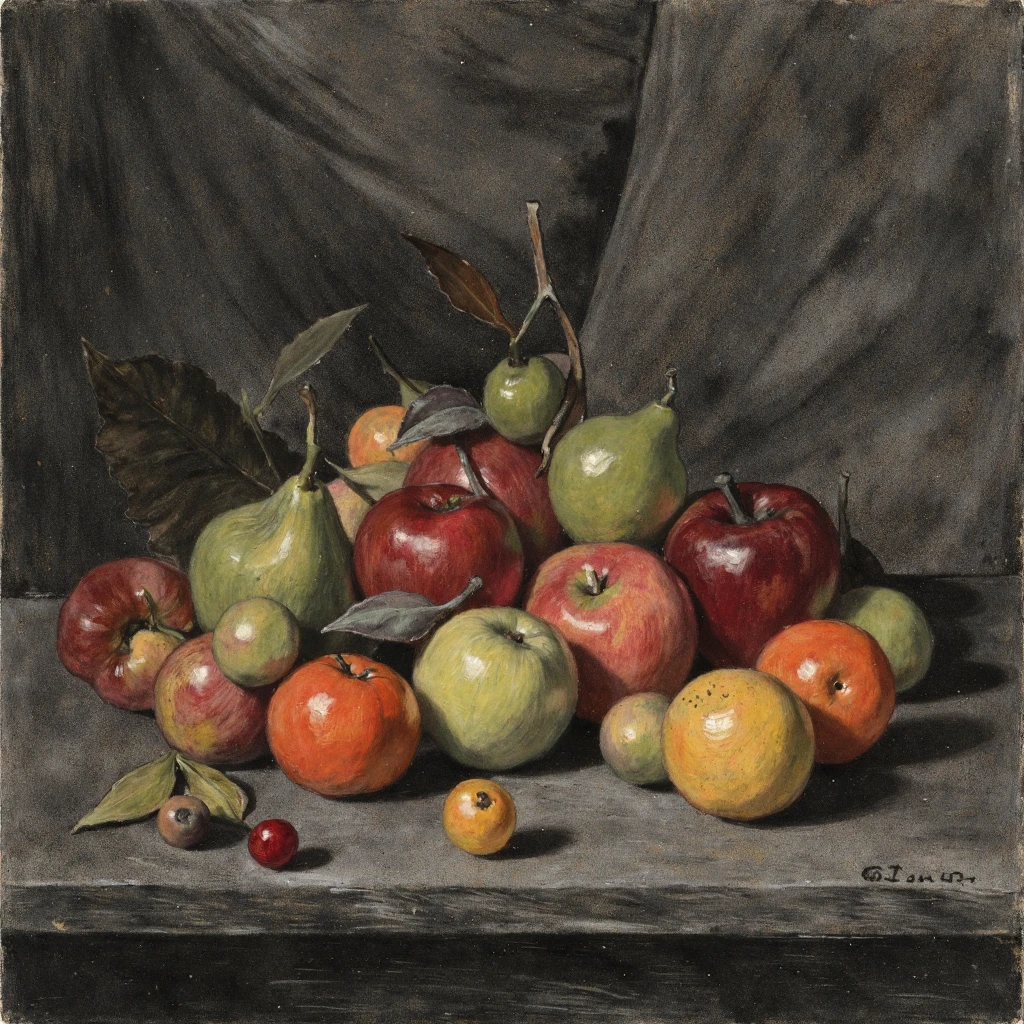 The art by Ltrc depicts a still life of various fruits. The colors are monochrome with calm reds oranges greens and yellows. The composition is meticulous with the fruits arranged in a chaotic yet harmonious manner on a dark textured surface. The play of light and shadow adds depth and drama to the composition.