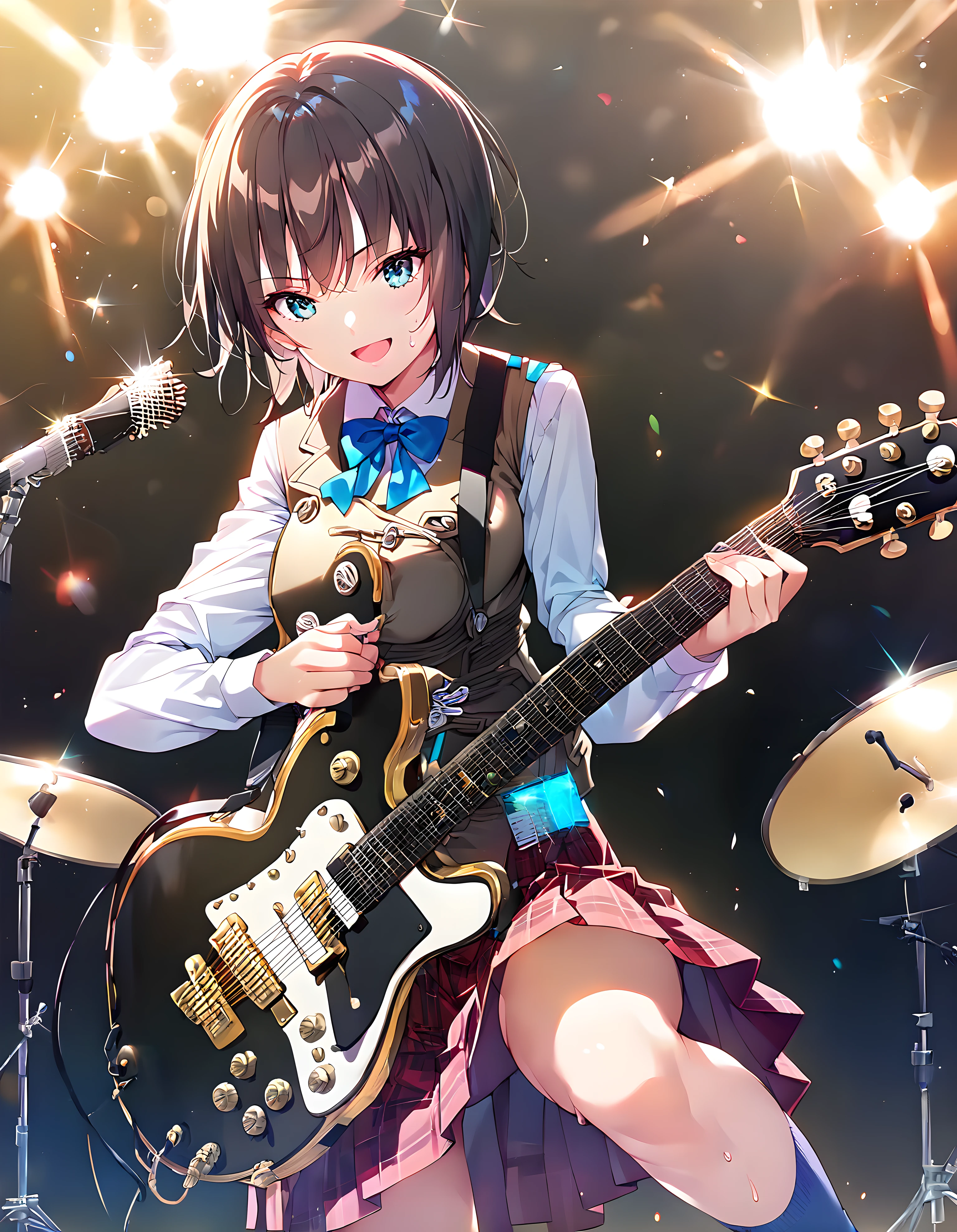 <lora:pony_xl_aoi:0.9>,aoi,score_9,score_8_up,score_7_up,source_anime,1girl,solo,school uniform,vest,white collared shirt,long sleeves,blue bowtie,red skirt,plaid skirt,blue knee high socks,holding instrument,guitar,gibson les paul,music,playing instrument,stage,concert,smile,:d,sweat,