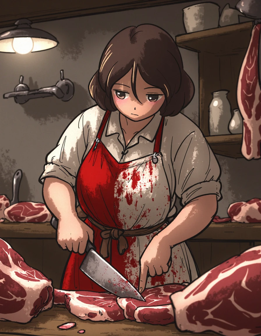 A girl works in a butcher shop, her hands deftly cutting meat. She wears a blood-stained apron, splattered from her tasks. In one hand, she grips a large, sharp butcher knife, its blade glinting in the dim light. Her expression is focused, reflecting her skill and determination.