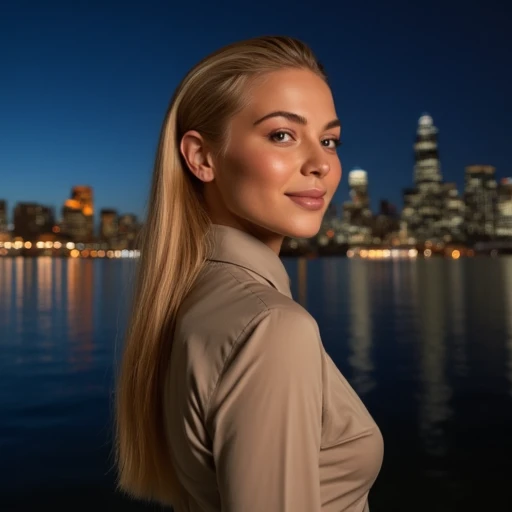 perfect photo of a woman wearing a collared shirt and pants, long sleek blonde hair, brown eyes, freckles, warm and sensual smile, slender figure, standing against a city skyline at midnight