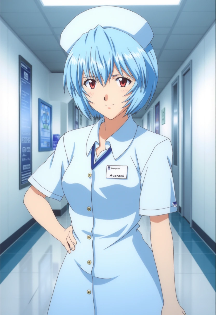 A detailed solo portrait of ppayanamirei. She has pale blue hair.
She is in nurse uniform and nurse cap, standing in a modern hospital's hallway. On her uniform, a nametag writes "Ayanami".
anime still, highly detailed. No flat color, no hand drawn, no fan art.
 <lora:Ayanami Rei - Flux prototype_epoch_3:1>, anime.
 <lora:Nurse_Uniform_Flux:0.6>