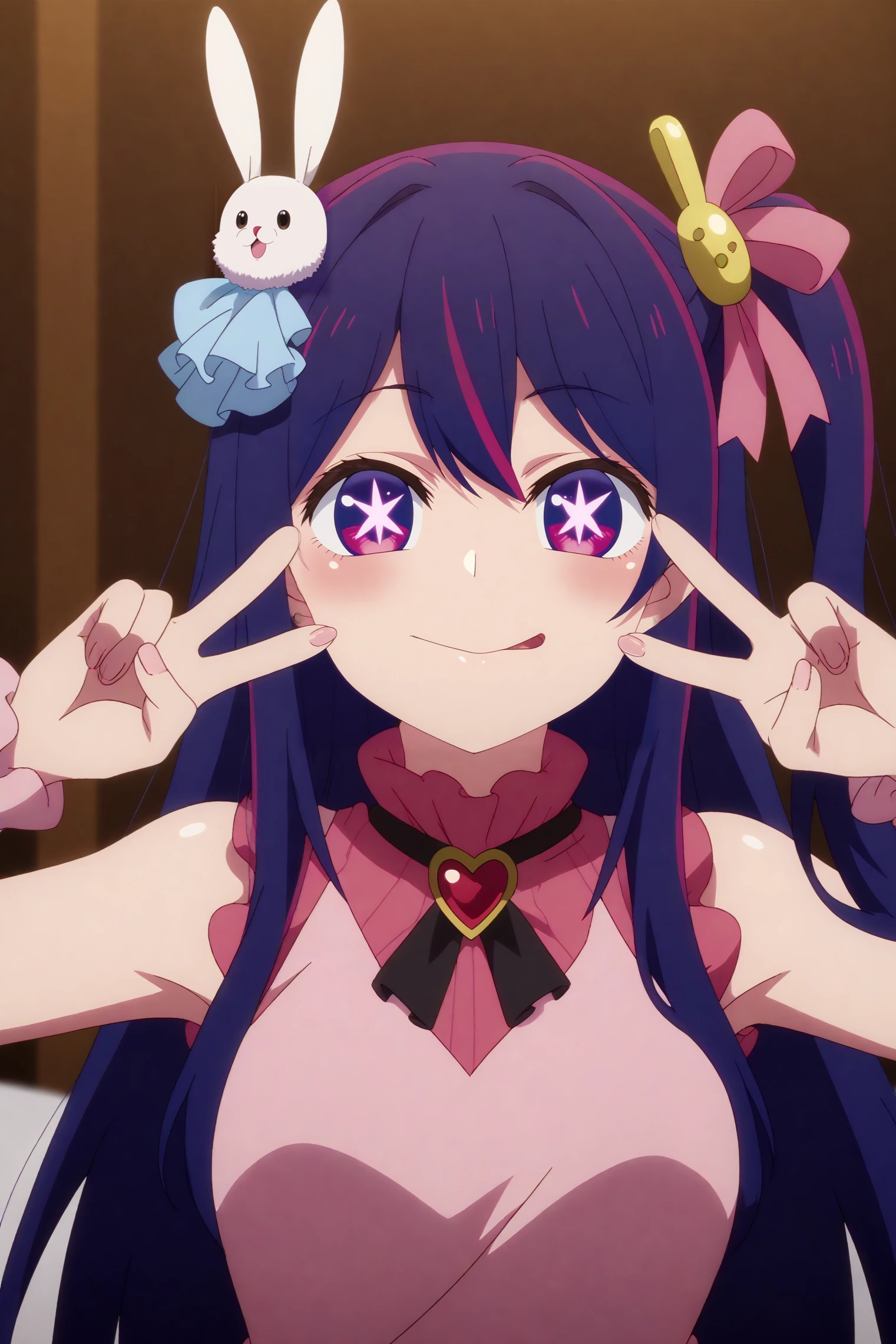 ai hoshino,1girl,solo,hair ornament,star (symbol),long hair,looking at viewer,multicolored hair,bangs,rabbit hair ornament, gloves, tongue, star \(symbol\), star-shaped pupils, tongue out, long hair, symbol-shaped pupils, hair ornament, idol clothes, pink dress,pink gloves, double v, jewelry, heart,black belt, turtleneck dress, frills, sidelocks, belt, heart brooch, frilled dress, ribbon, brooch,,hair between eyes,frilled gloves, smile, sleeveless, pink ribbon, earrings,indoors