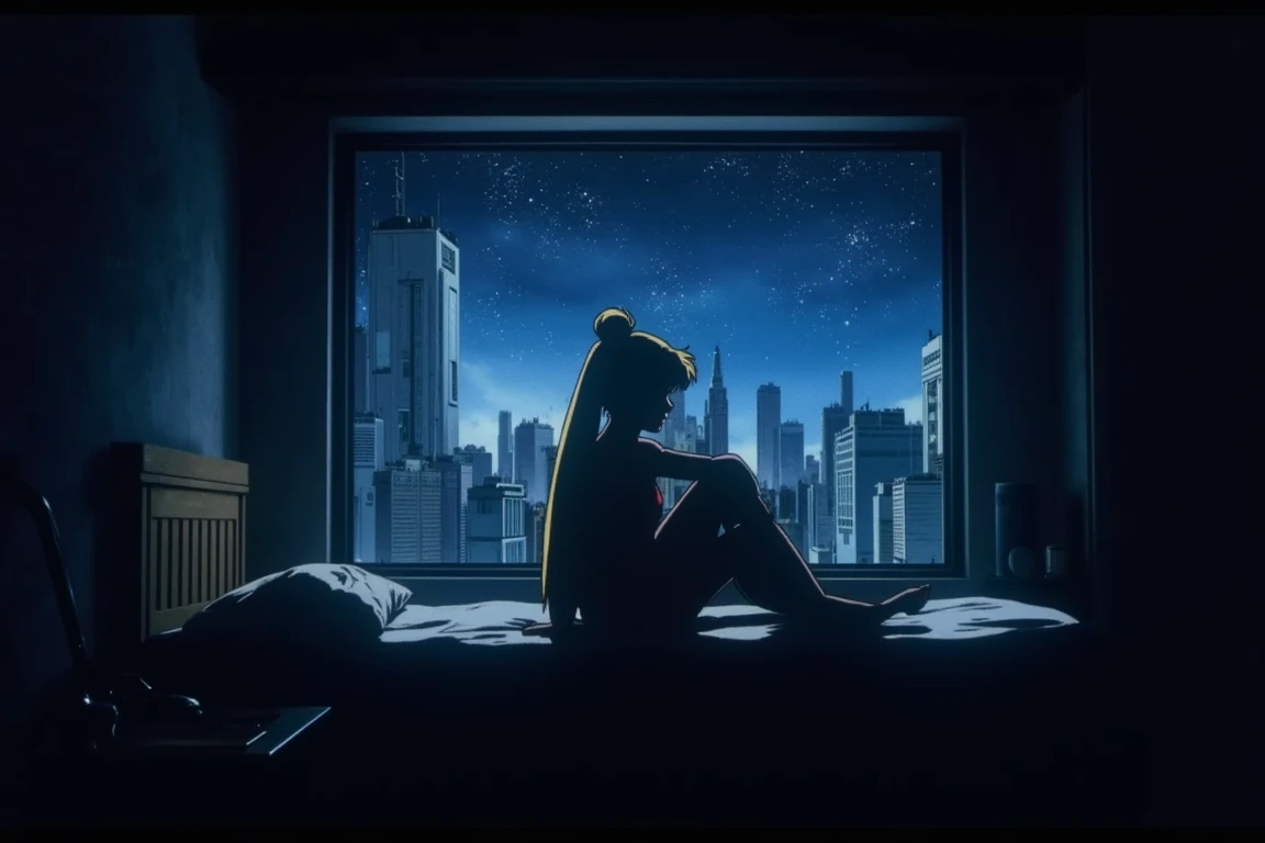 sailor moon, sitting on a bed by the koukaku window, knee up, look out the wide window, dark, close up shot, manga art