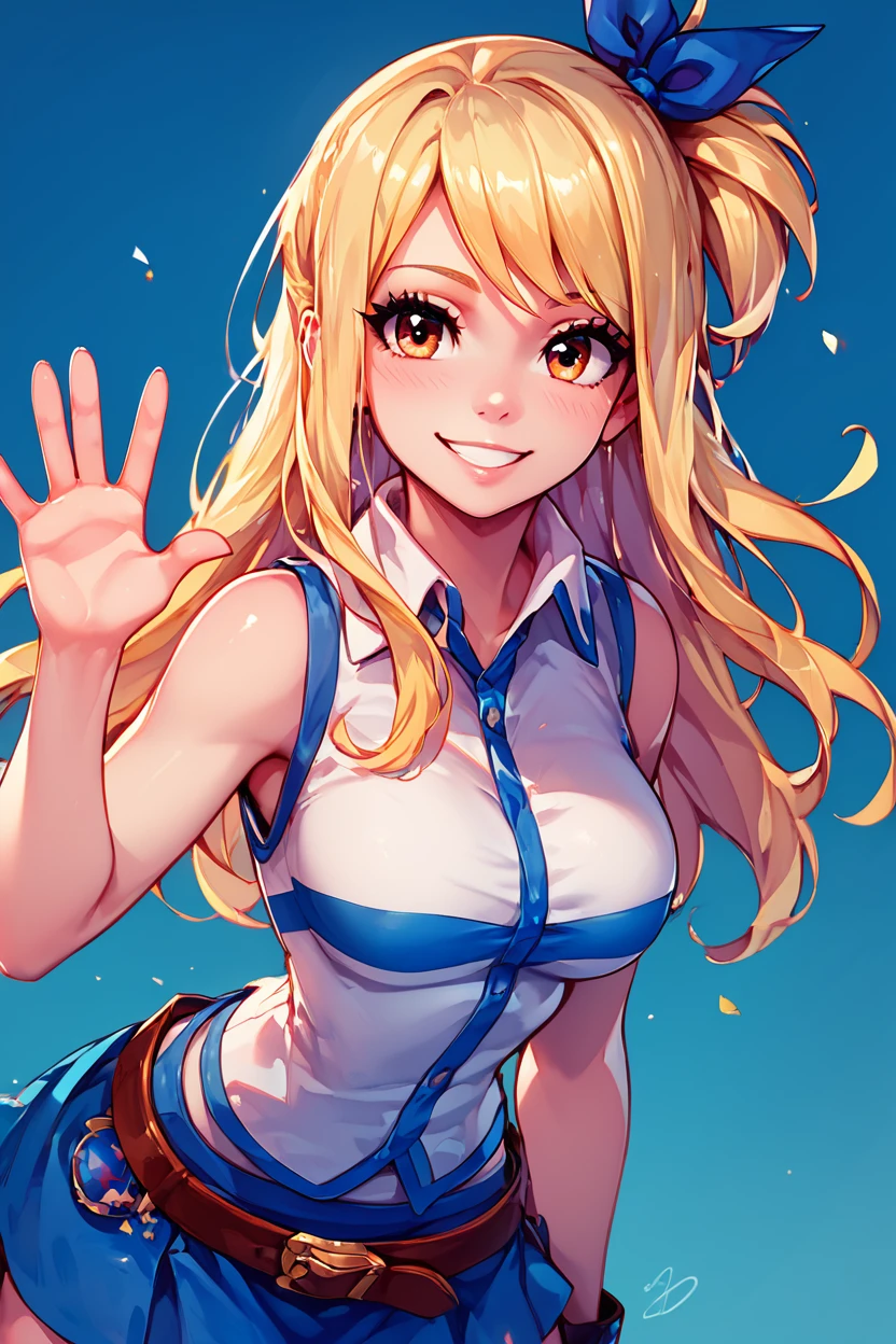 score_9, score_8_up, score_8, medium breasts, (curvy), cute, eyelashes,       BREAK, , aaLucy, hair ribbon, side ponytail, blonde hair, long hair, large breasts, white shirt, sleeveless, belt, blue skirt, <lora:Lucy_Heartfilia_PDXL_v2:0.8>, , BREAK, looking at viewer,  smile, waving, upper body, leaning forward, head tilt,  embedding:zPDXL, Expressiveh, <lora:CatalystStylePDXL:0.6>,  <lora:SDXLFaeTastic2400:0.5>,  <lora:Expressive_H-000001:0.4>,