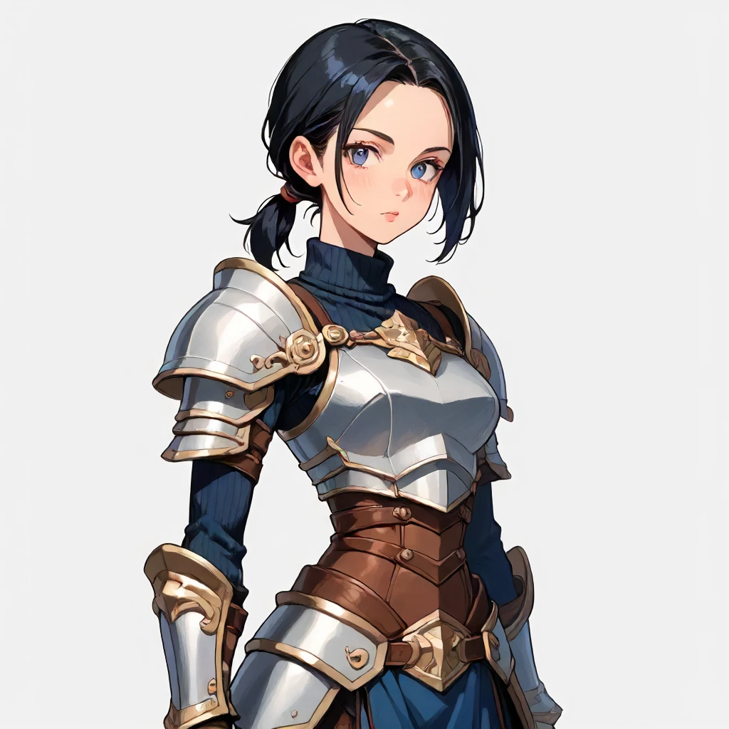 score9, solo, looking at viewer. simple background BREAK  <lora:btv marian crane v2:1> marian, 1girl, low ponytail, sidelock, short hair, gray-blue eyes, athletic build. dark blue turtleneck, armored chest, armored shoulders, bracers, armored waist, boots