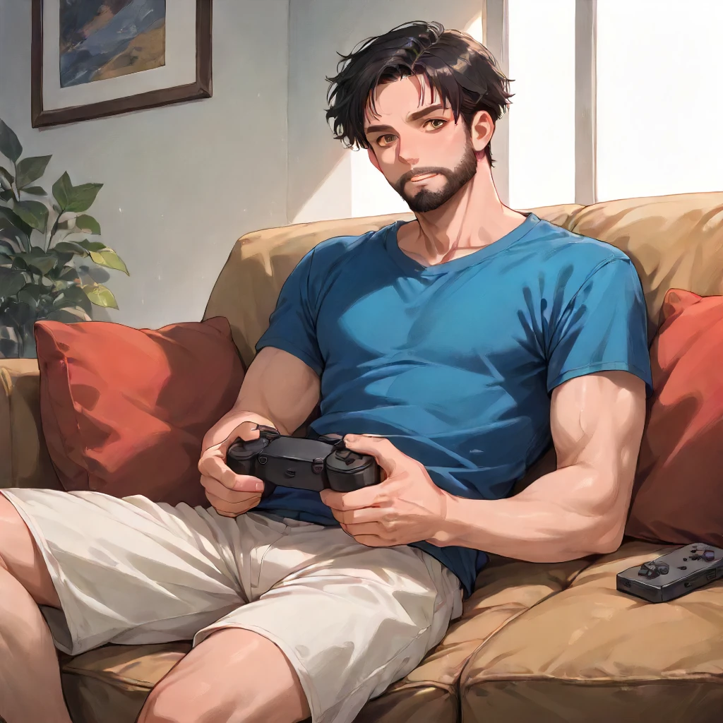 score9, cowboy shot, solo, looking at viewer. BREAK btvcrane, 1boy. casual clothing, loungewear, reclining, lying, couch, holding videogame controller <lora:BTV Michael Crane:1>