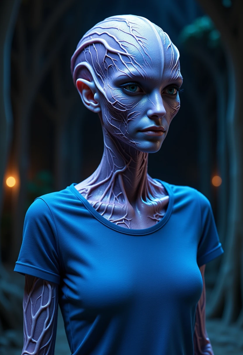 A tall, slender alien woman with bluish-purple skin, her body covered in intricate vein-like patterns glowing softly. The veins criss-cross her arms, neck, and face, adding an otherworldly beauty to her ethereal appearance. The texture is organic and fluid, with an almost bioluminescent quality in the dimly lit alien landscape. She is wearing a blue t-shirt. <lora:veiny_veins_flux_v1:1>