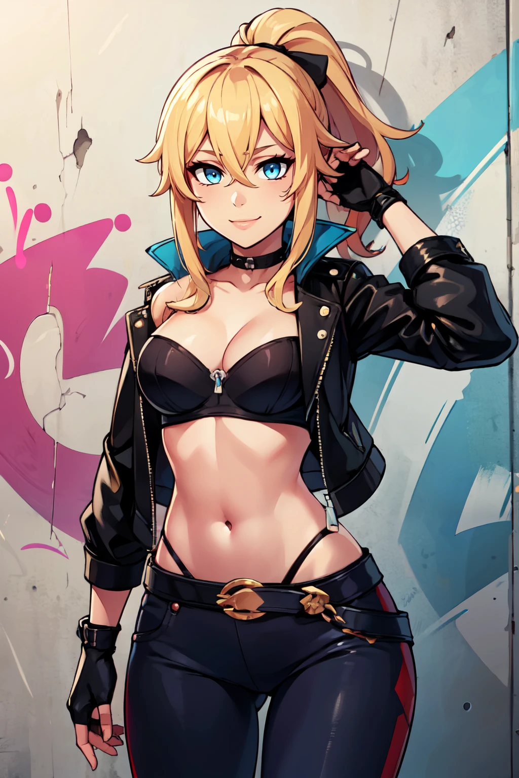 ((masterpiece,best quality)), absurdres,  BREAK, , <lora:Jean_Genshin:0.7>,  zzJean, blonde hair, ponytail, long hair, blue eyes, sidelocks, hair between eyes, hair bow, , BREAK, leather jacket, leather pants, strapless bra, black jacket, tight pants, black choker, zipper, fingerless gloves, biker clothes, spikes, unzipped, multiple belts, shiny clothes, high collar, (graffiti:1.2), brick wall,, BREAK, solo, smile, looking at viewer, cowboy shot,