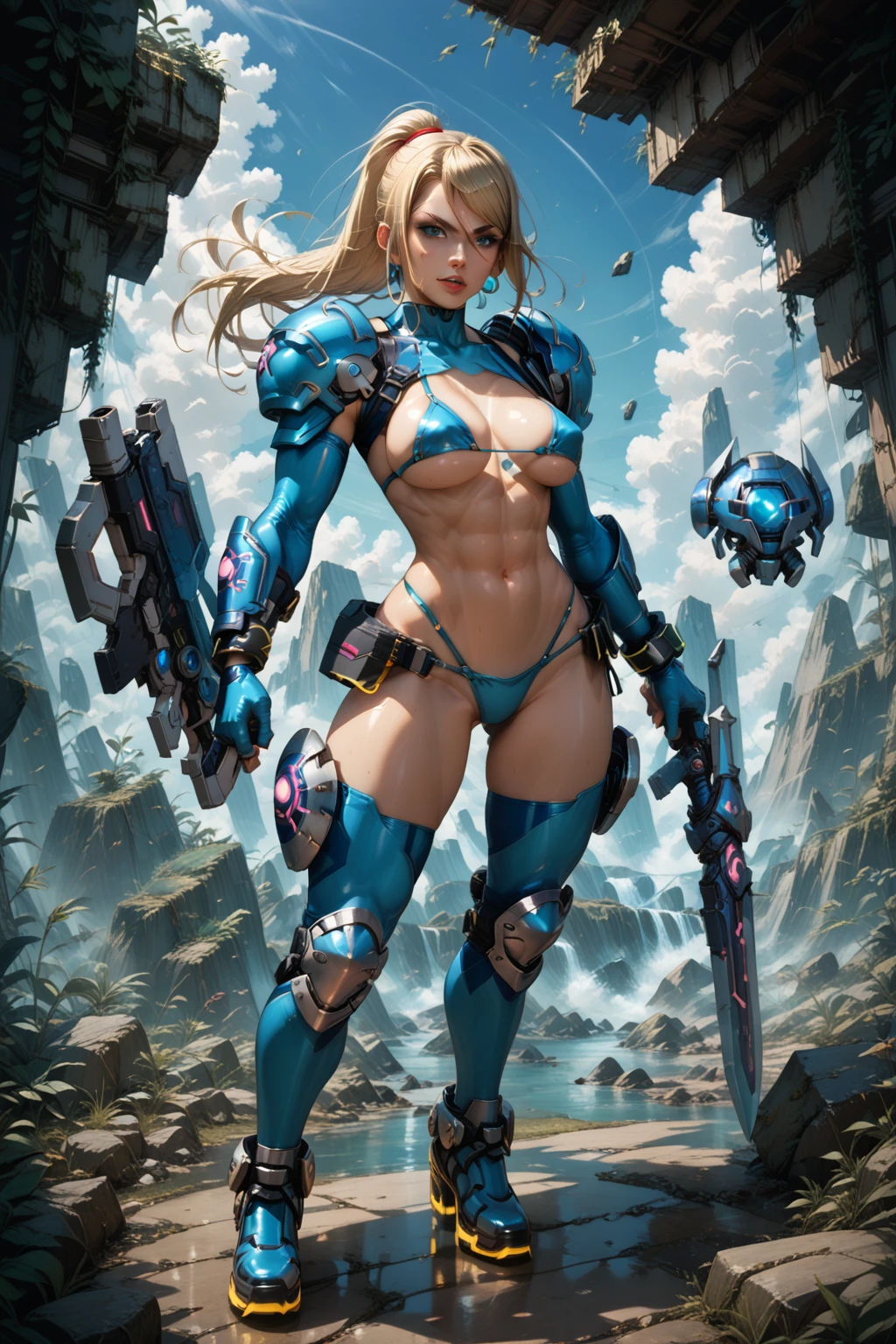 Dystopian style score_9, score_8_up, score_7_up, score_6_up, BREAK, 1girl, bikiniarmor, <lora:Bikini_Armor_PonyXL:1> full body, dynamic pose, holding weapon, samus aran, micro bikini, . Bleak, post-apocalyptic, somber, dramatic, highly detailed